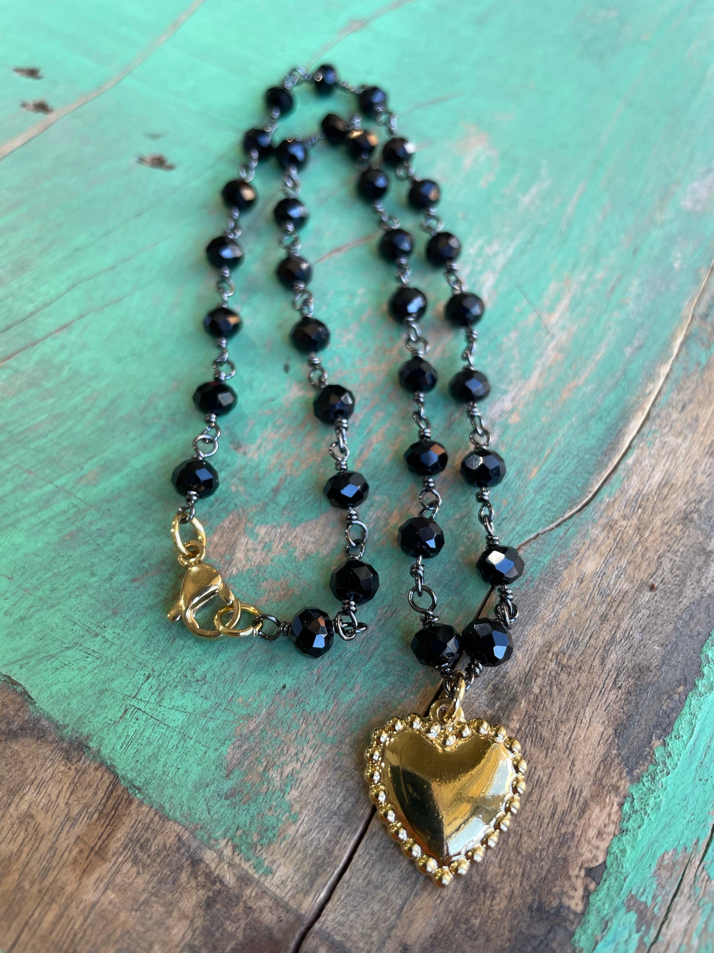 Black and Gold Heart Necklace, Bracelet, and Earrings