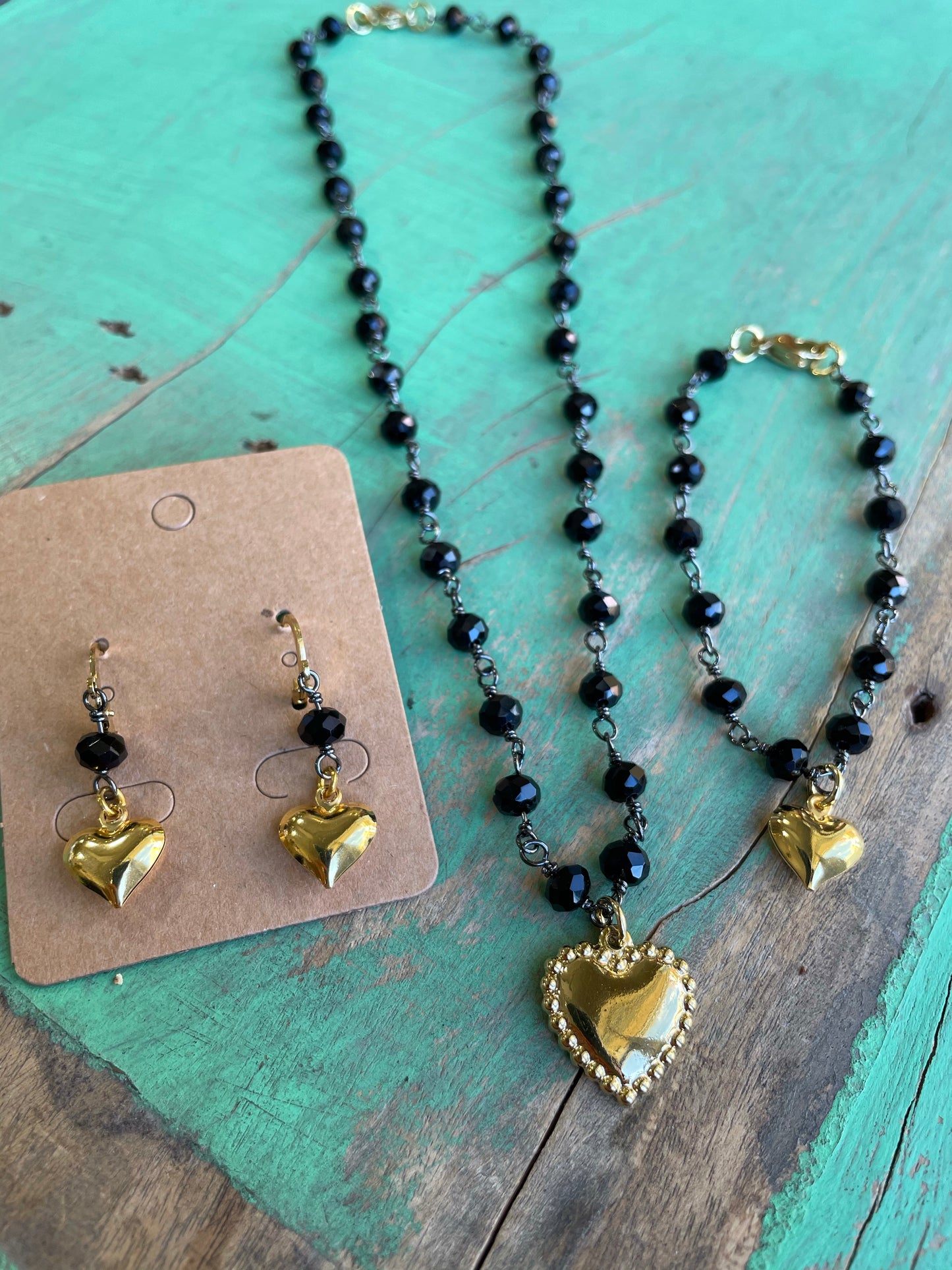 Black and Gold Heart Necklace, Bracelet, and Earrings