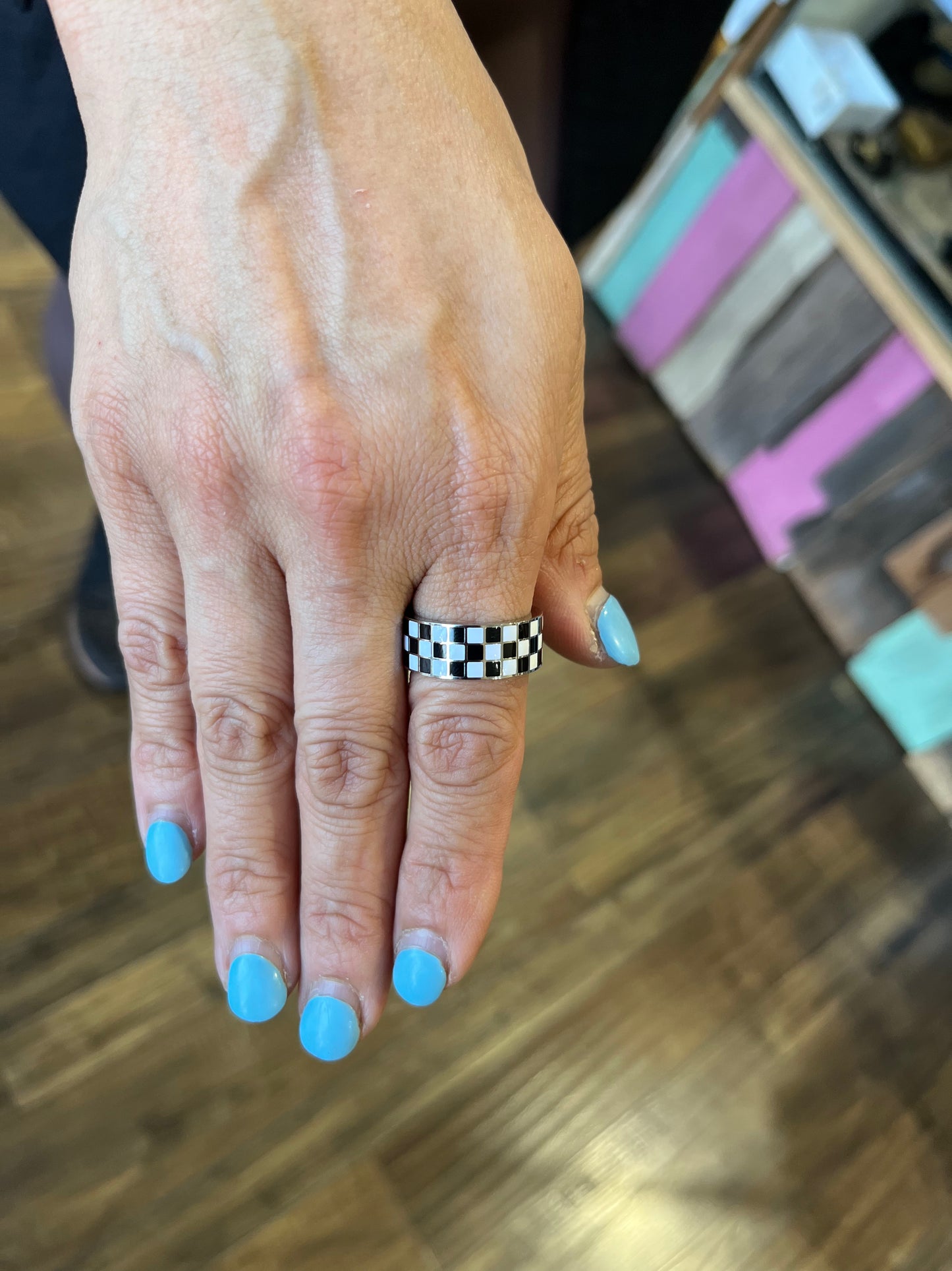 Silver Checkered Stainless Steel Band Ring