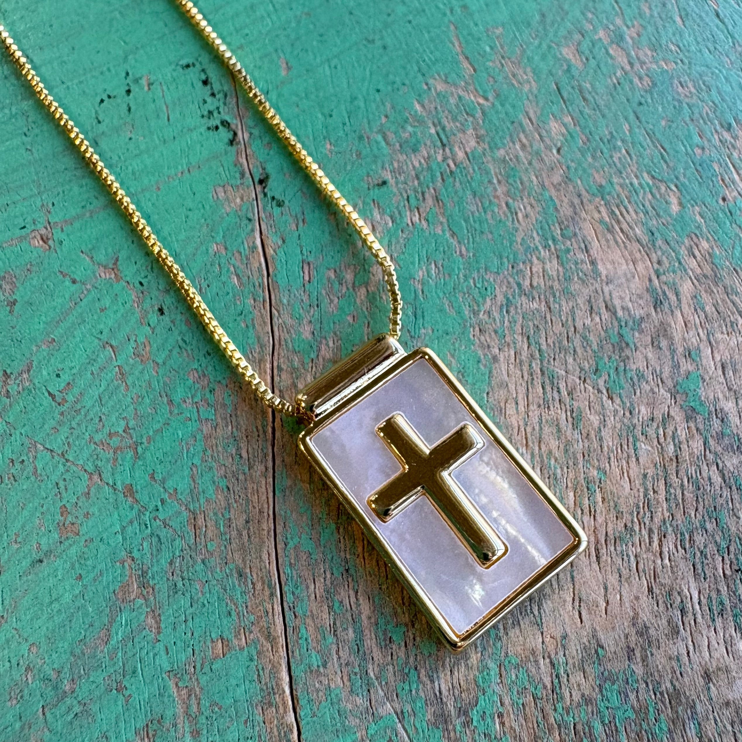 Gold Plated Mother of Pearl Cross Necklace – Adjustable 17” Faith Pendant