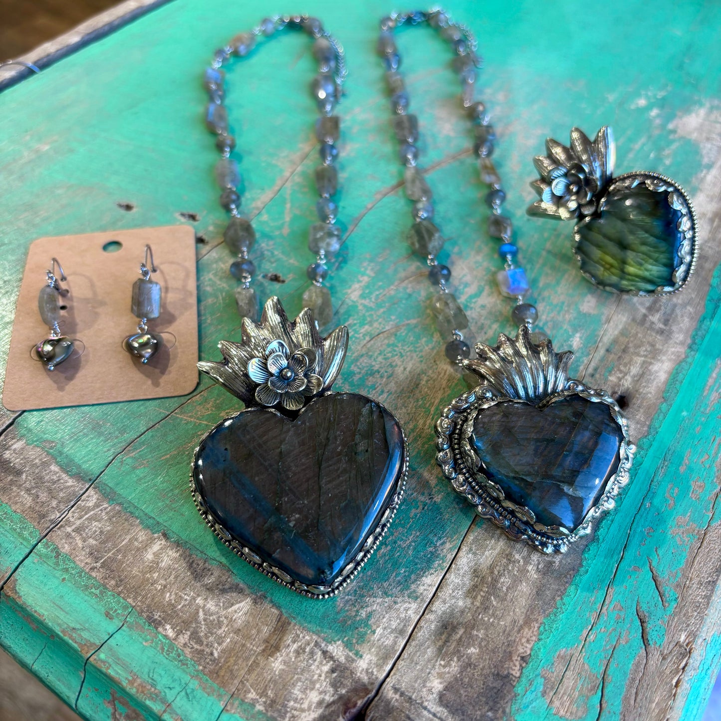 Labradorite Sacred Heart Necklace, Earrings and Rings
