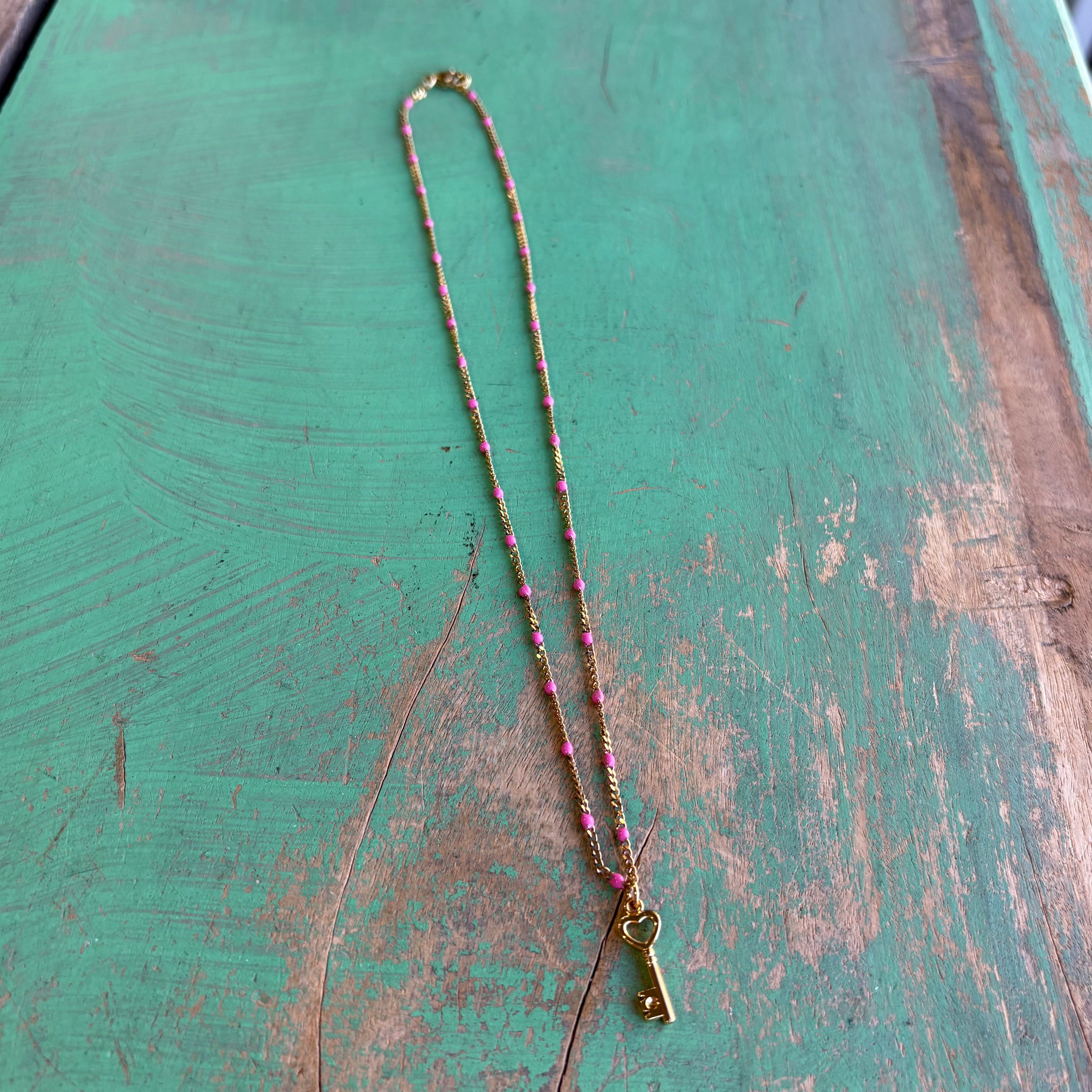 Pink Enamel Key to My Heart Necklace
