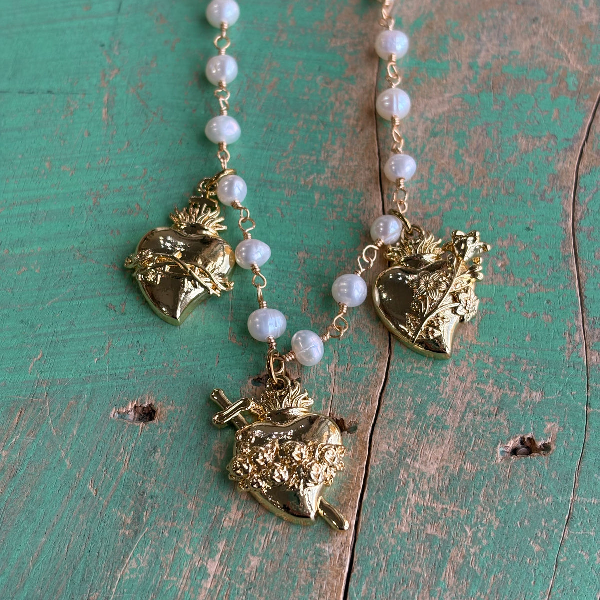 Three Hearts of the Holy Family Freshwater Pearl Necklace
