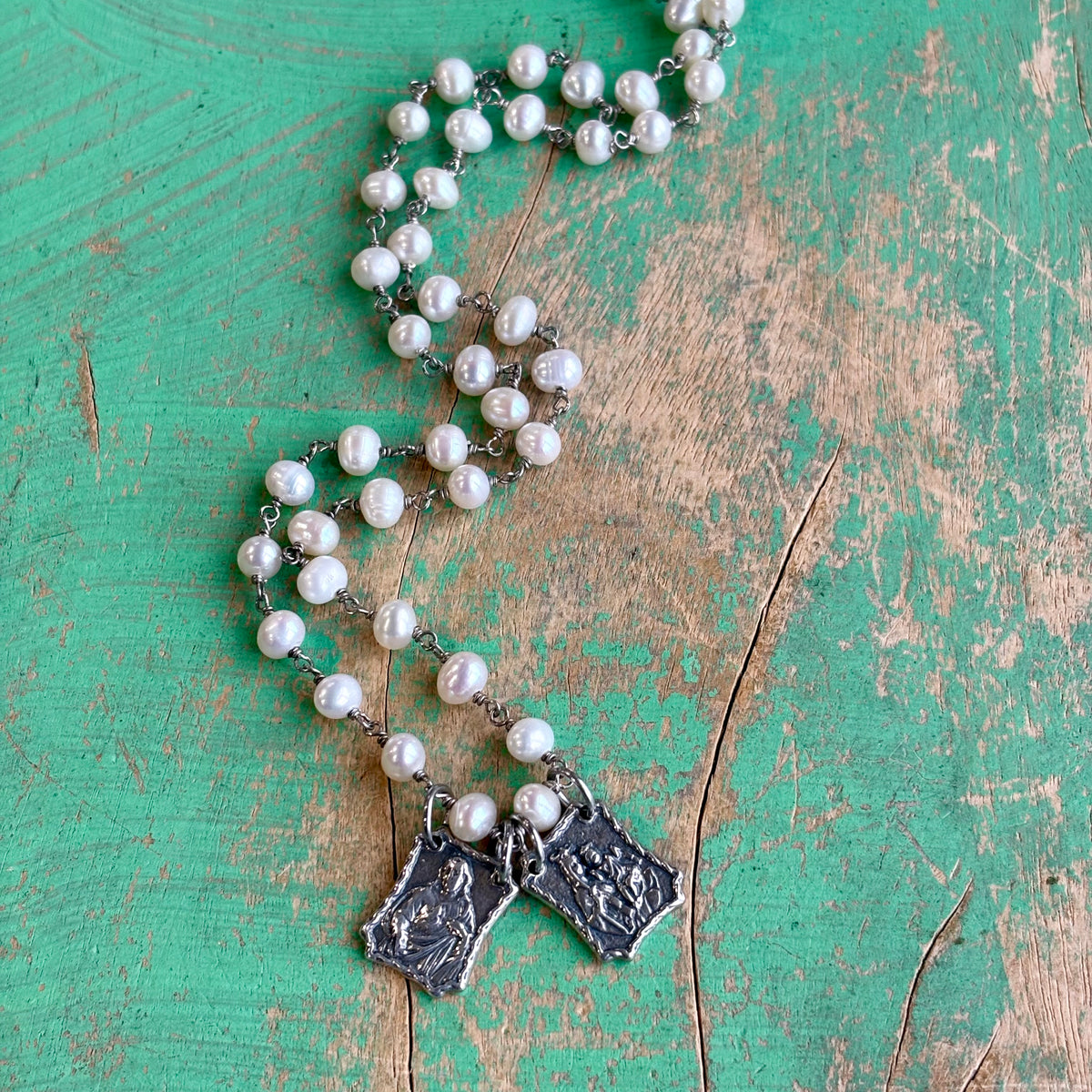 Freshwater Pearl Scapular Necklace – Sacred Heart & Our Lady of Mount Carmel