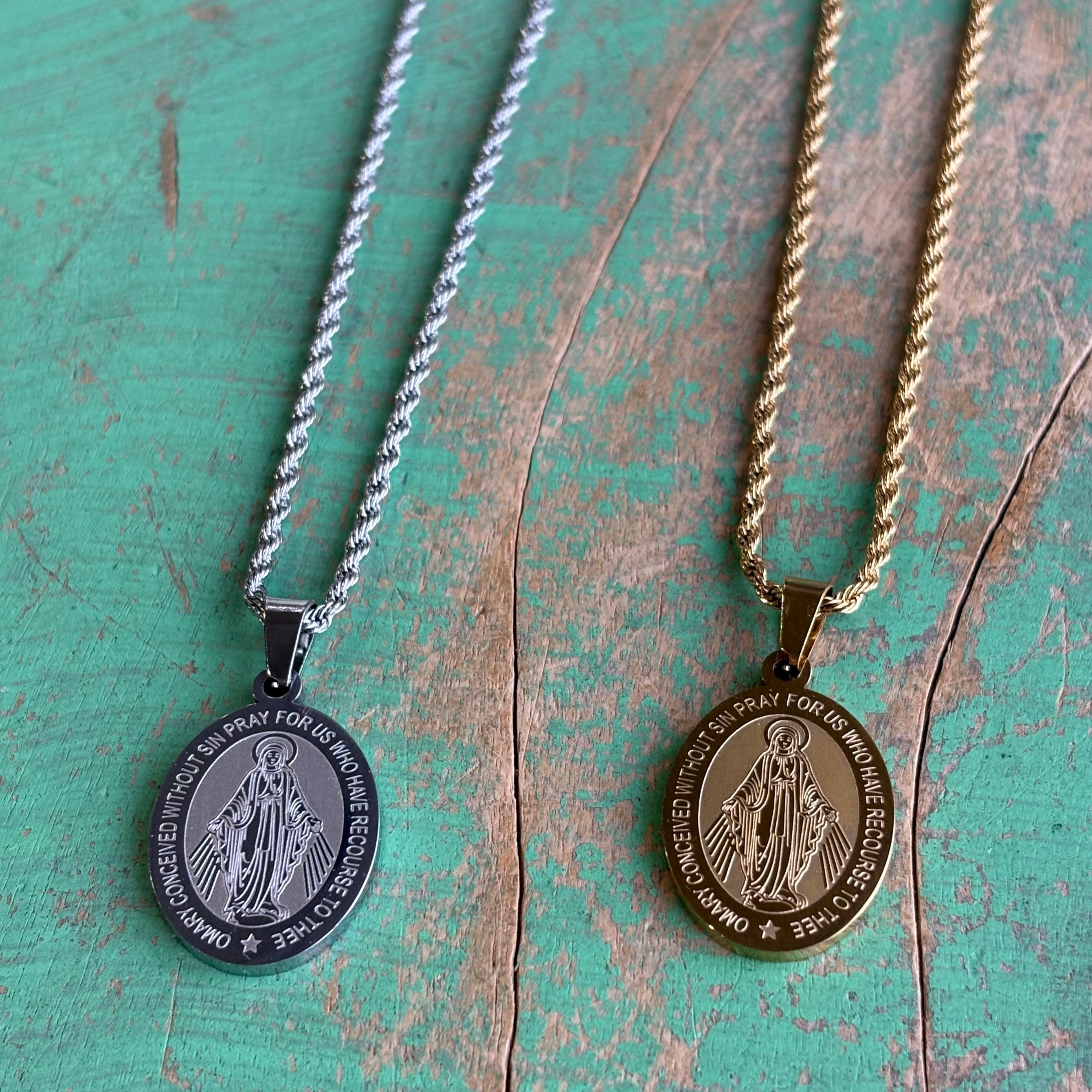 Stainless Steel Miraculous Medal Rope Chain Necklace