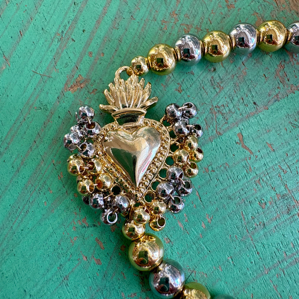 Sacred Heart Two-Tone Beaded Bracelet – 18K Gold & Silver Plated, Adjustable Cord
