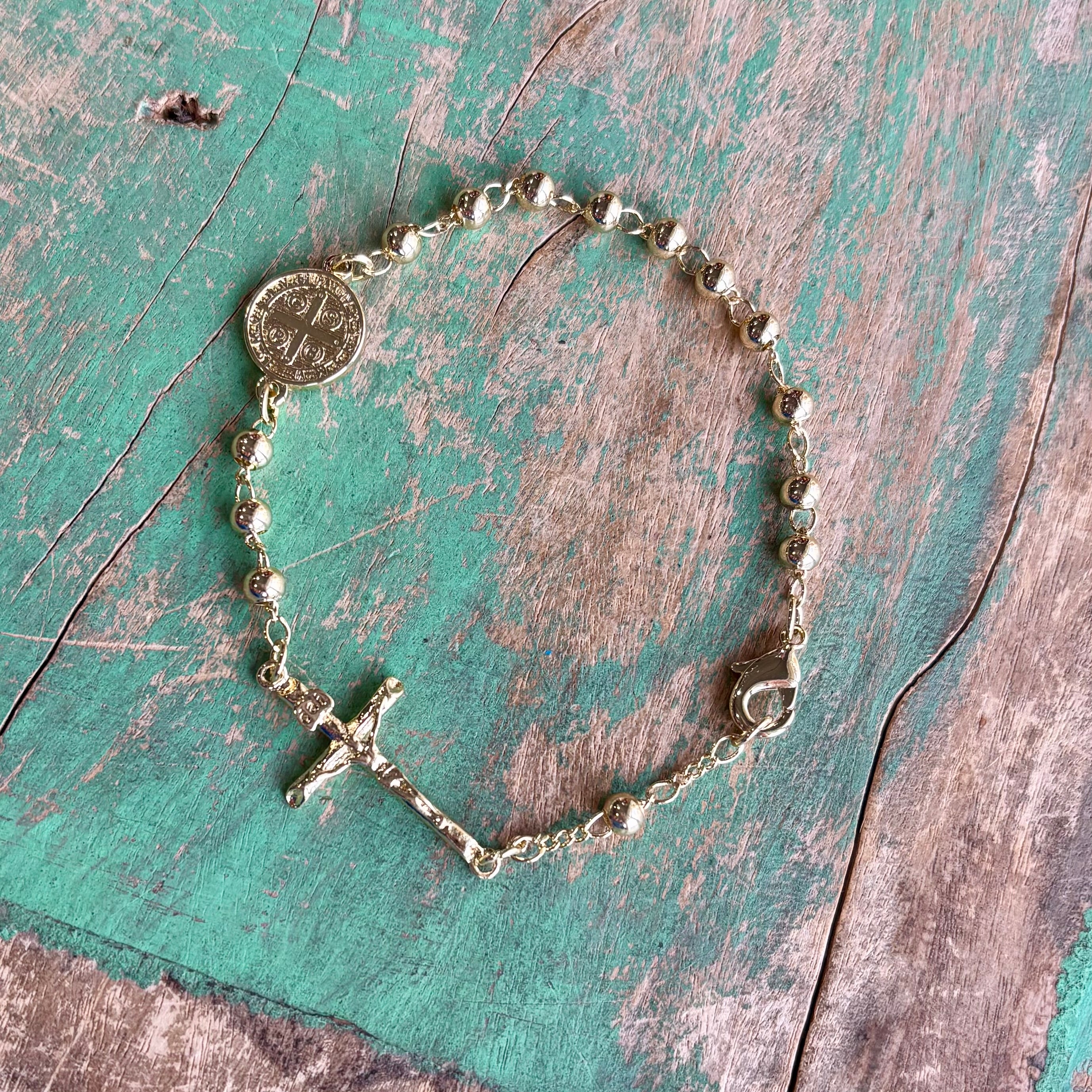 Gold St Benedict Rosary Decade Bracelet