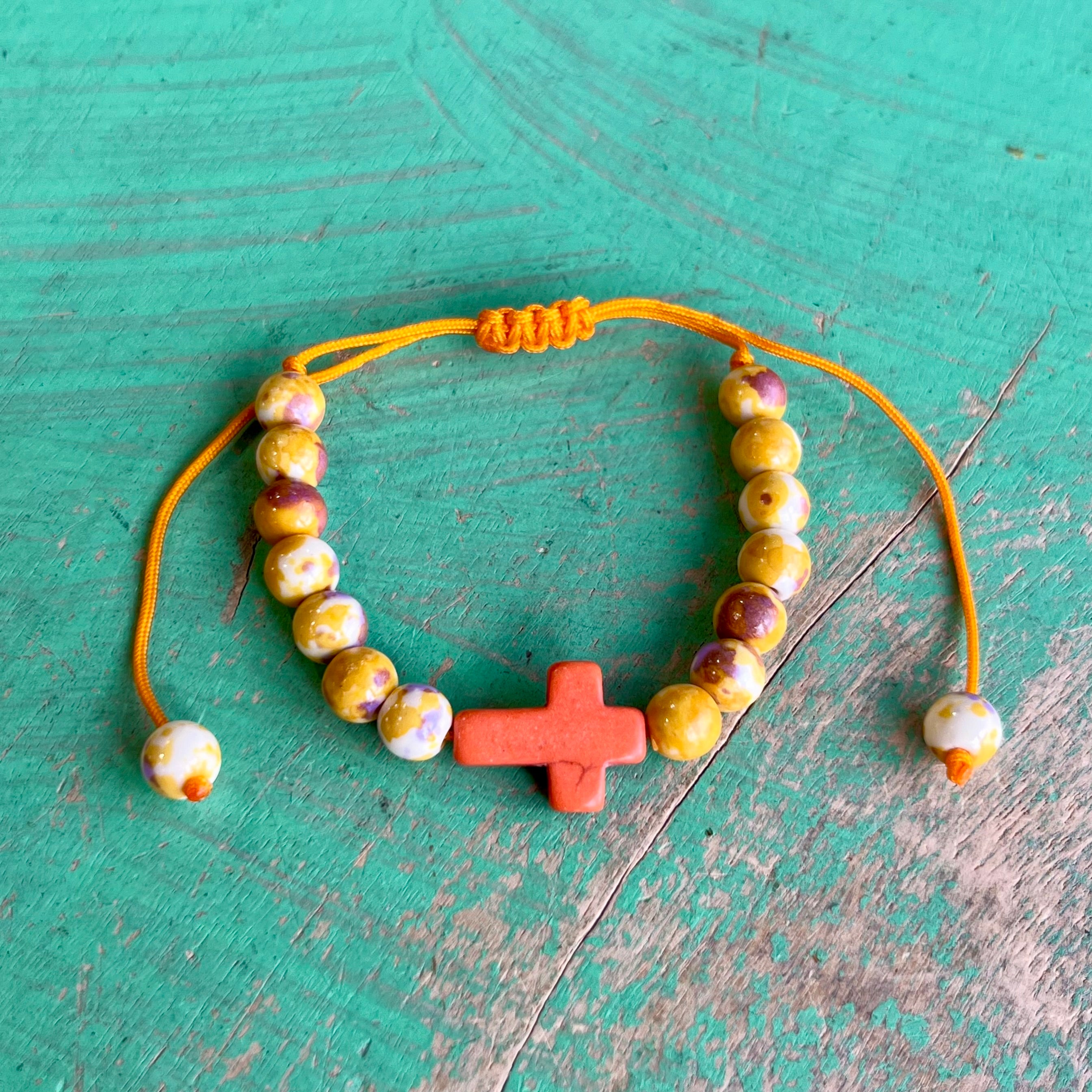 Adjustable Cross Marble Bead Bracelet