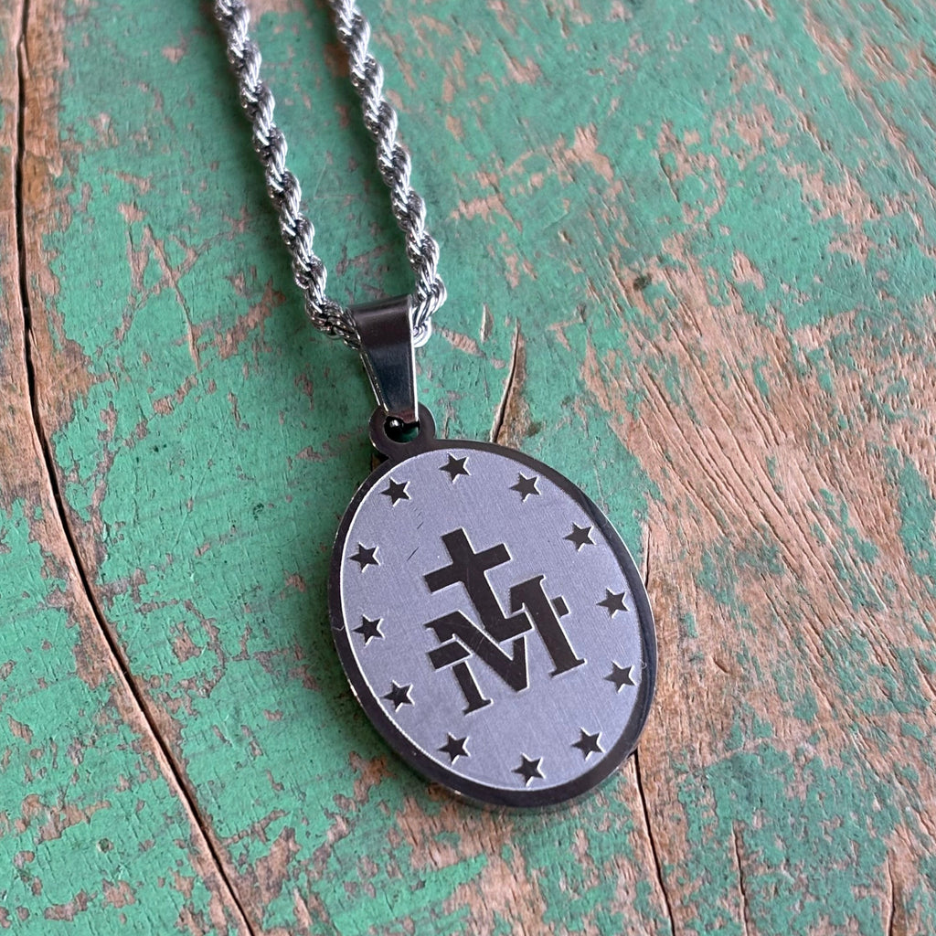 Stainless Steel Miraculous Medal Rope Chain Necklace