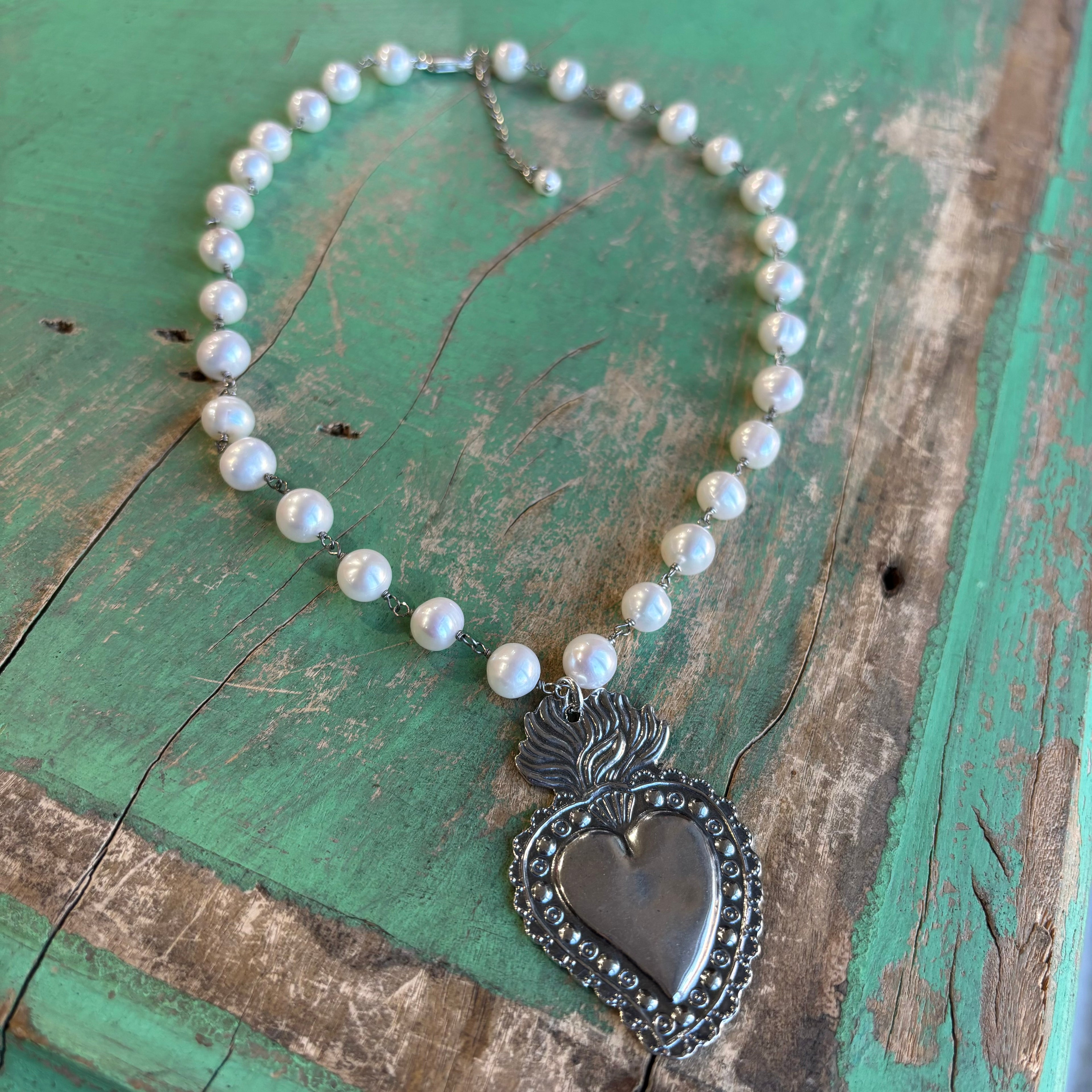 Sterling Silver Freshwater Pearl Sacred Heart Necklace