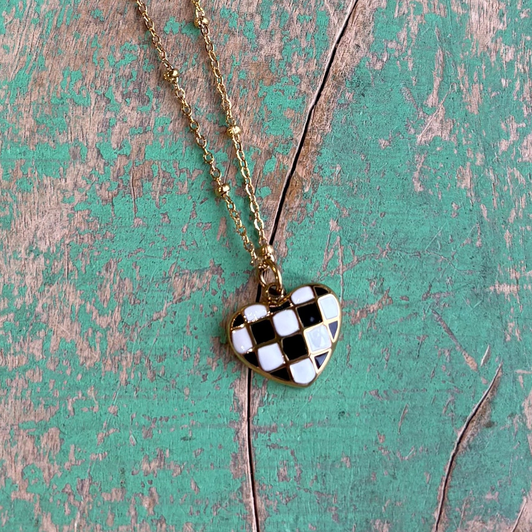 Checkered Gold Stainless Steel Heart Necklace, Earrings or Ring