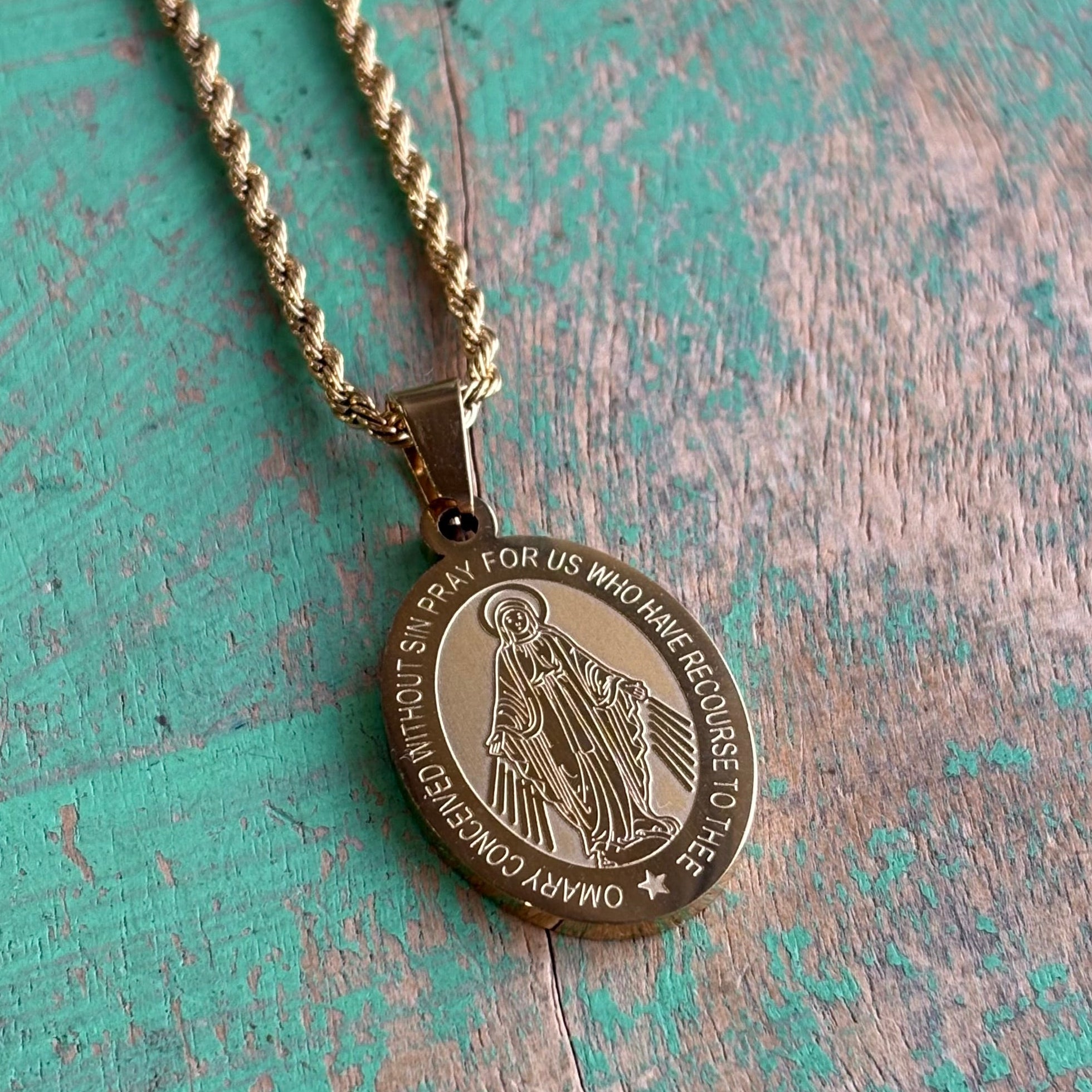 Stainless Steel Miraculous Medal Rope Chain Necklace