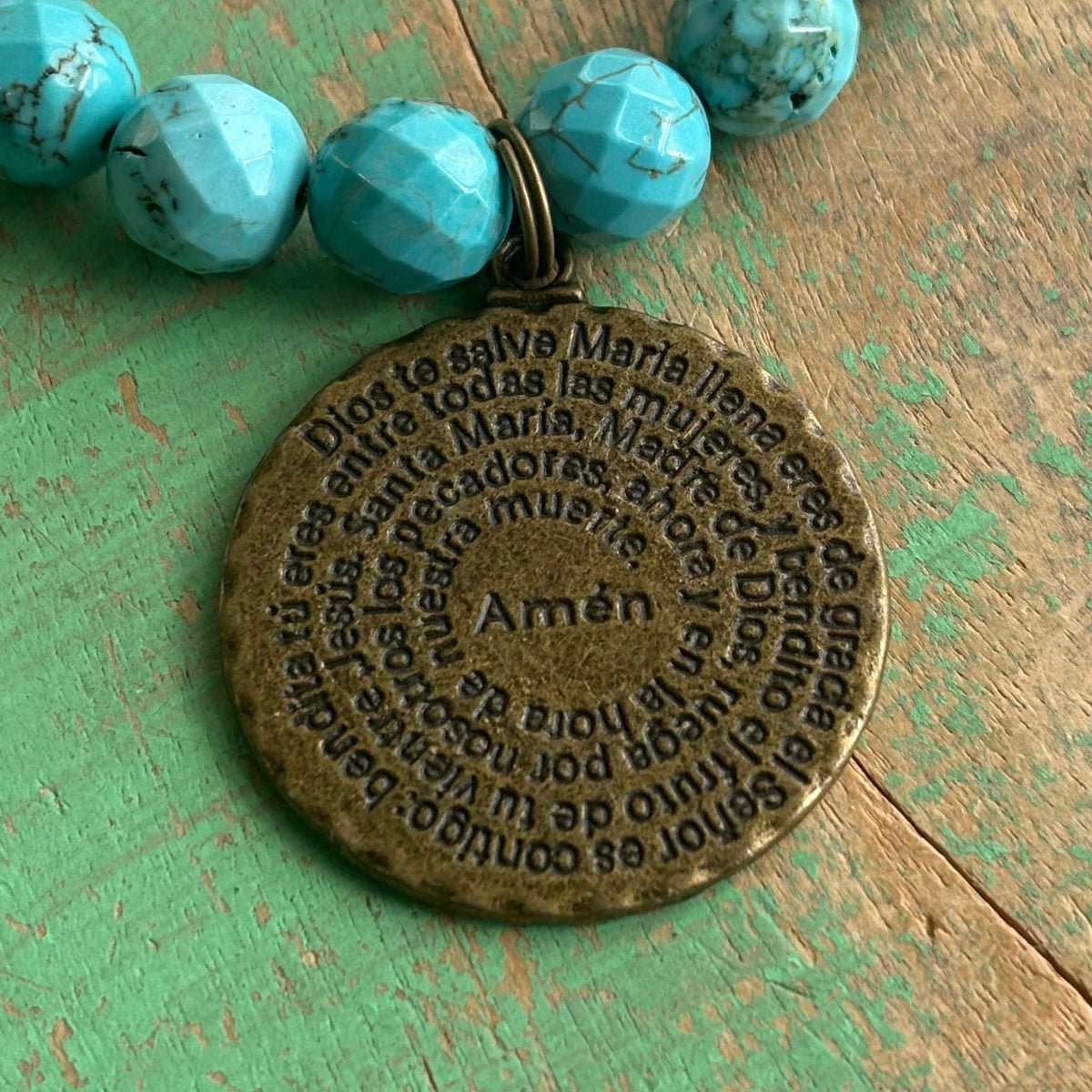 Turquoise Ave Maria Prayer Medal Bracelet