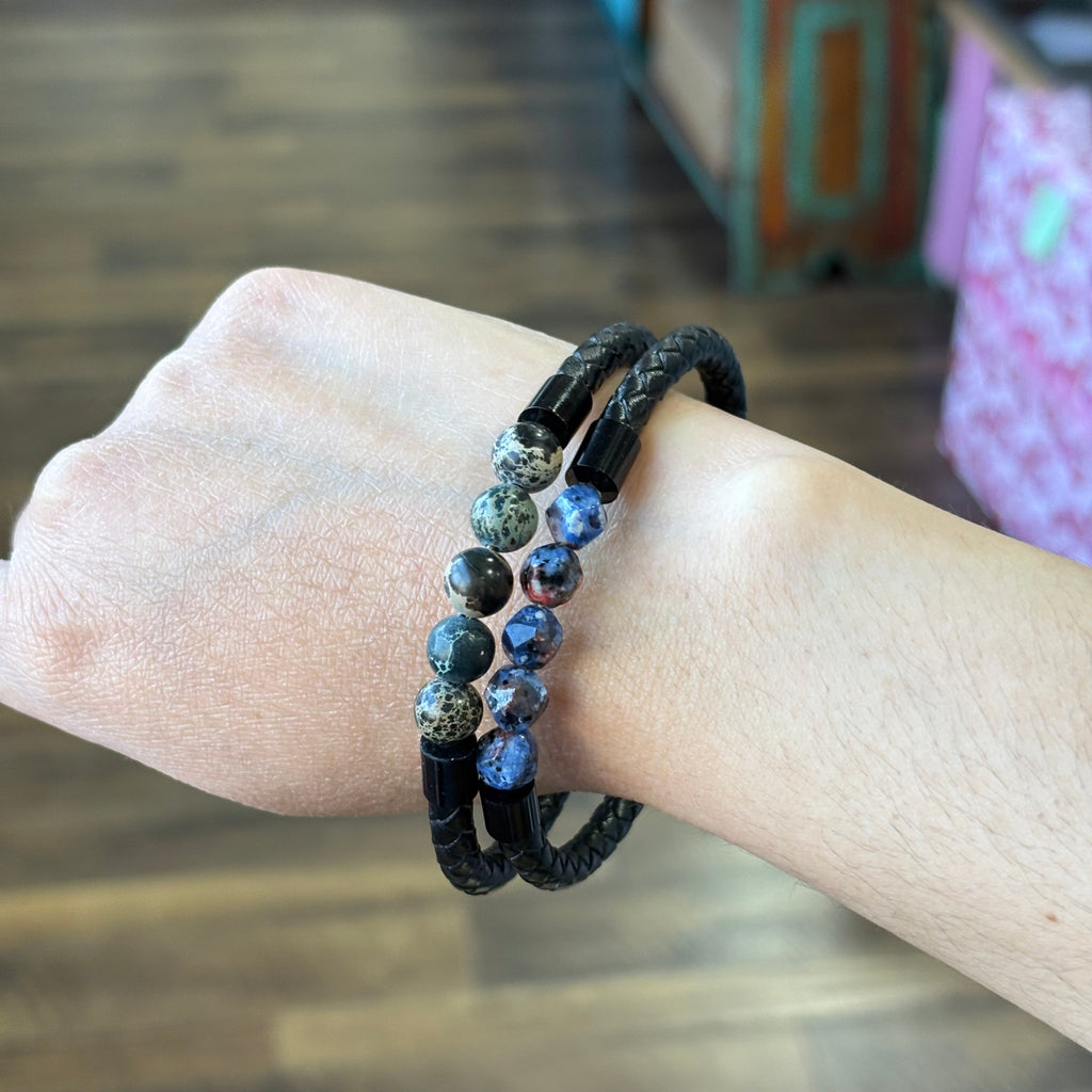 Black Braided Leather Bracelet with Genuine Stones
