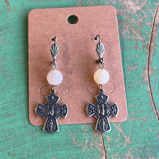 Silver and White Five Way Cross Earrings