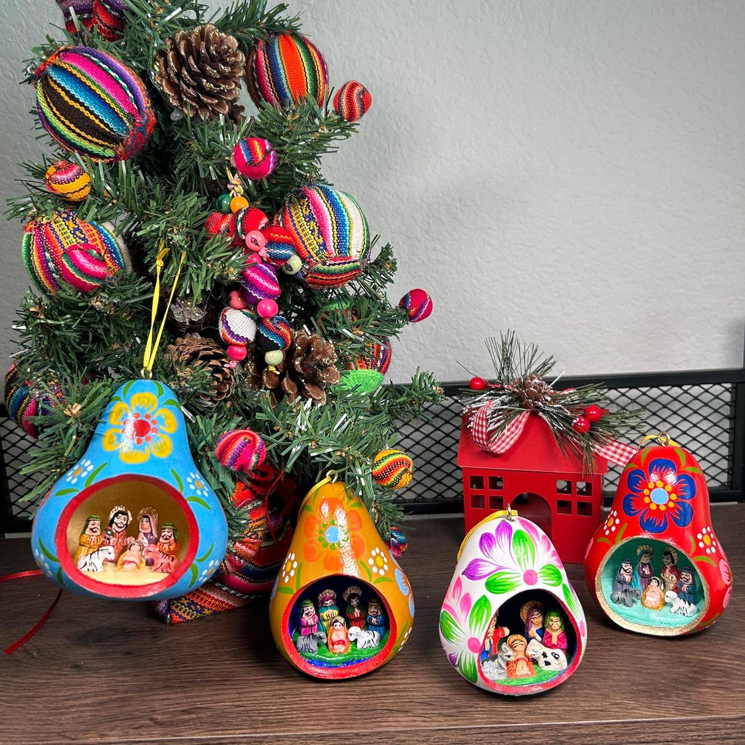 Gourd Christmas Multicolor Tree ornament with Nativity Scene