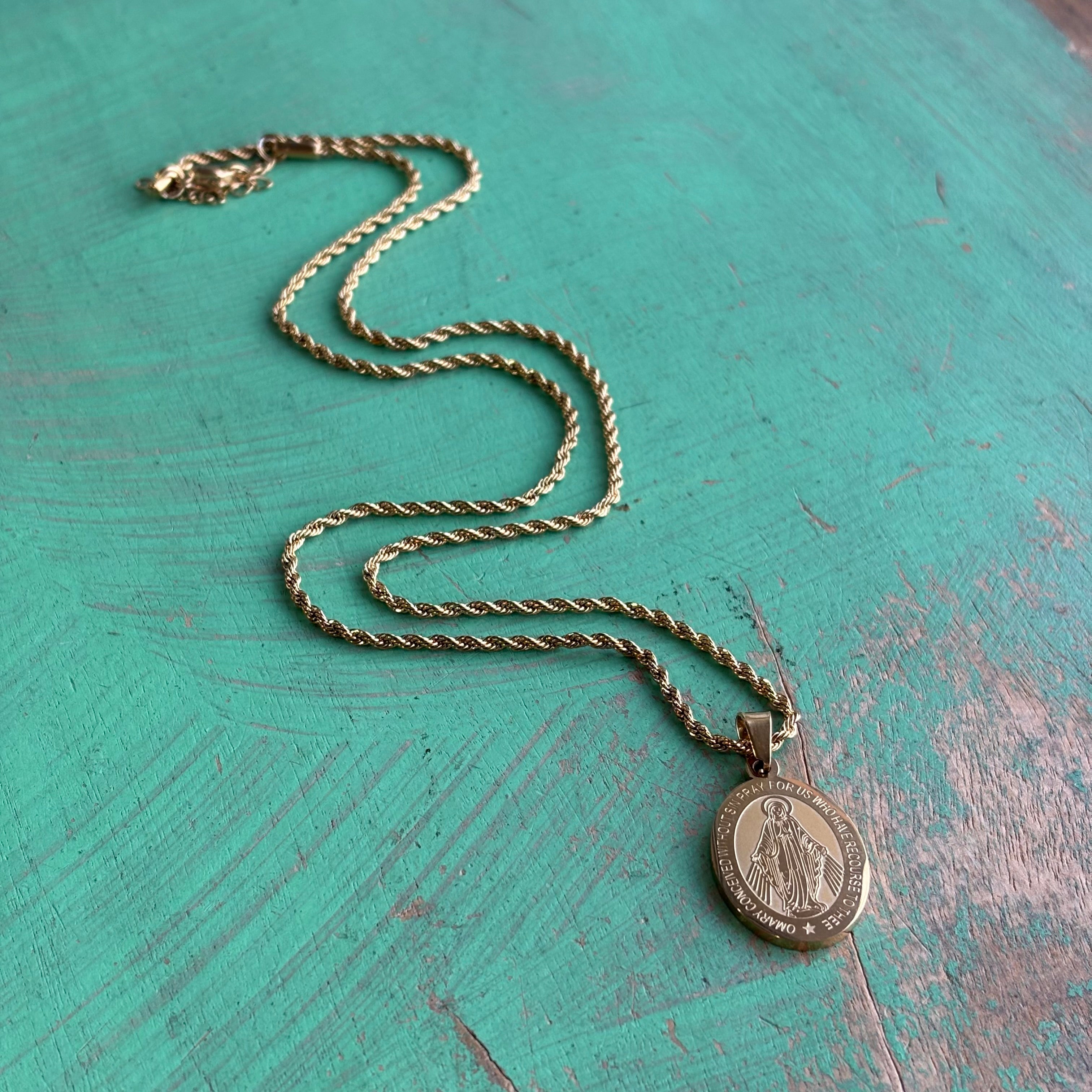 Stainless Steel Miraculous Medal Rope Chain Necklace