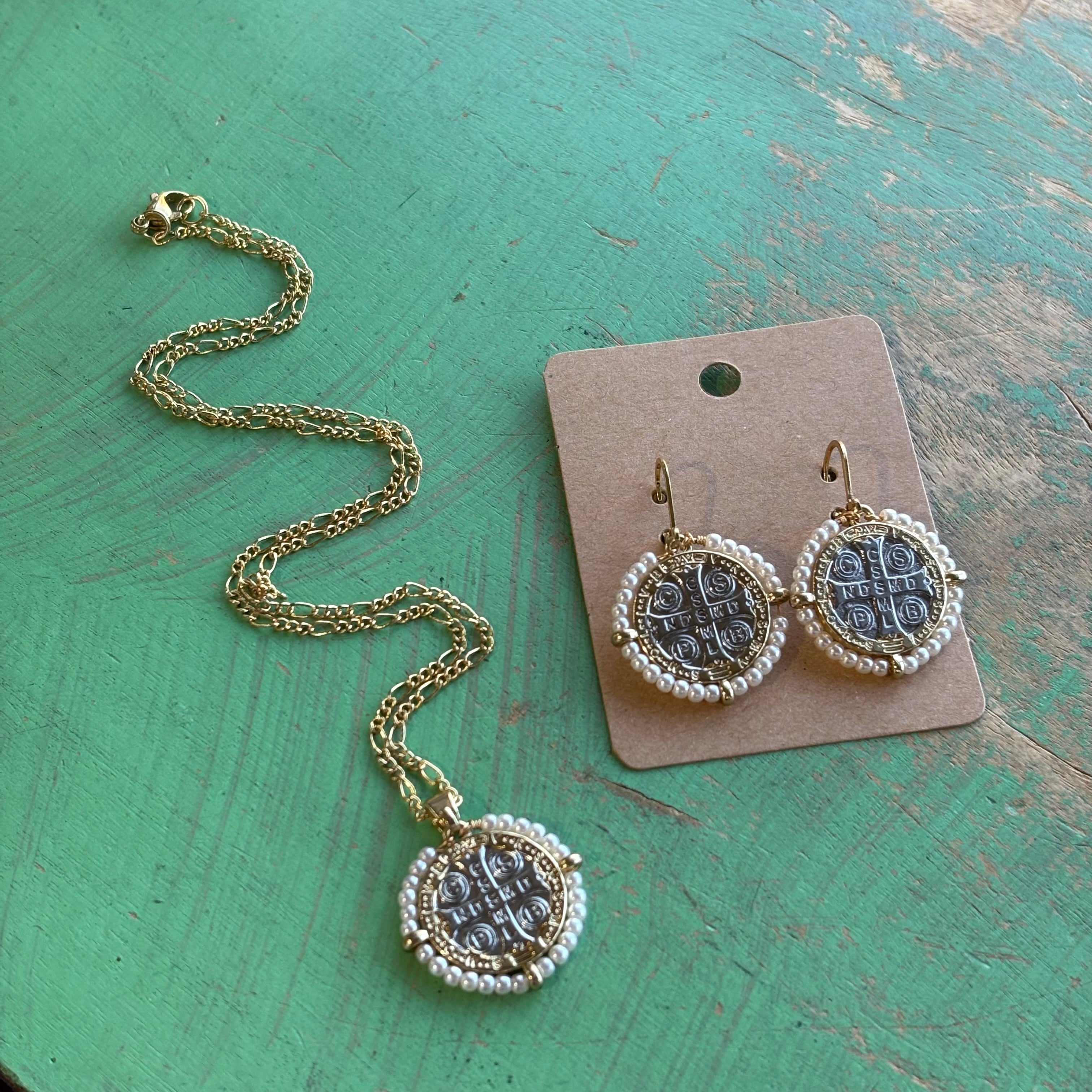 Two Tone Pearl St Benedict Necklace or Earrings