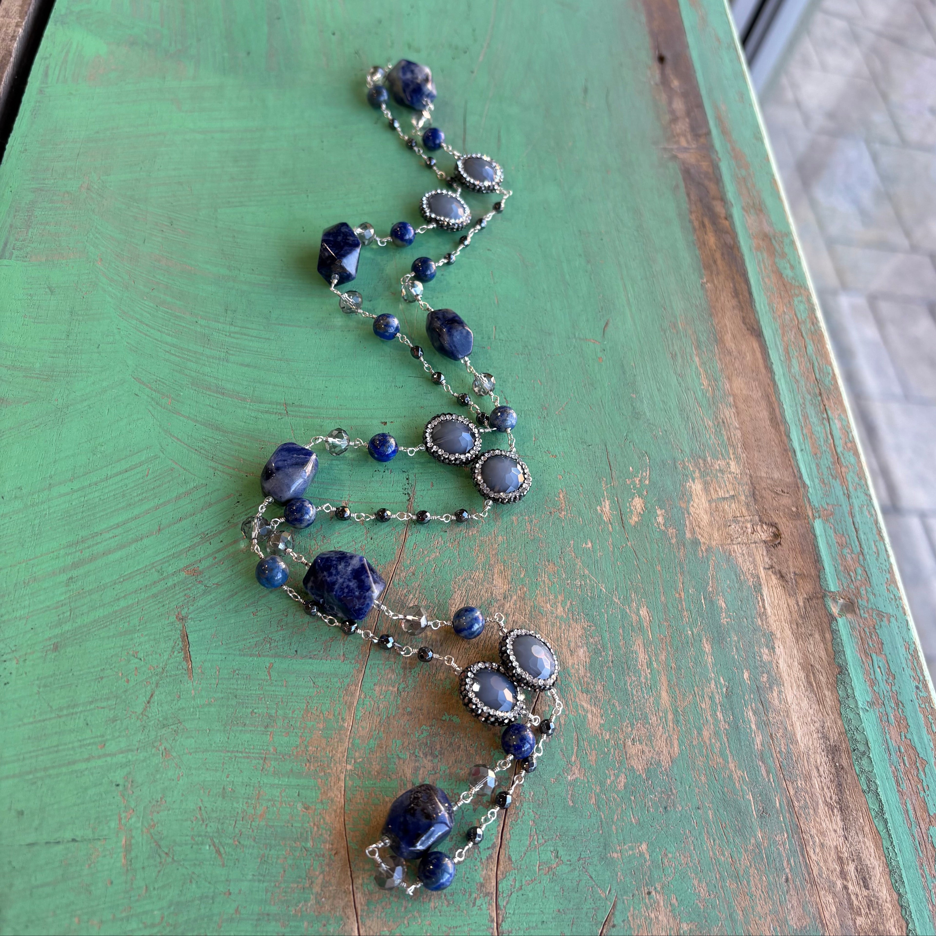 Long Blue Sodalite, Crystal and Stone Pave Necklace