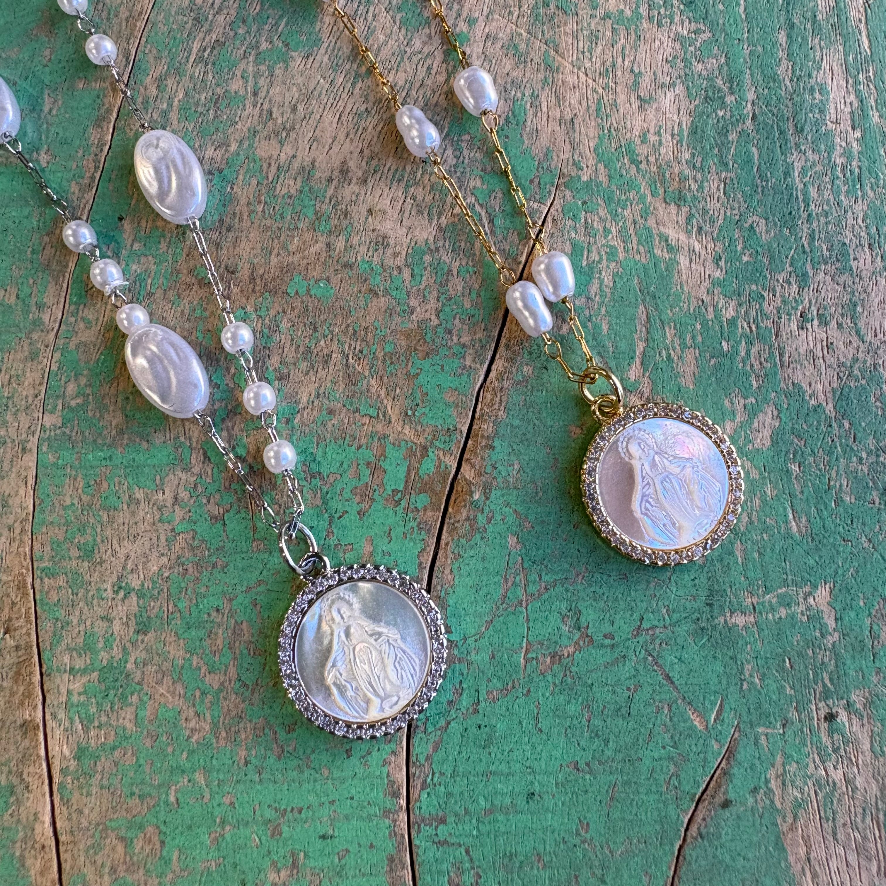 Our Lady of Grace Pearl Chain Necklace