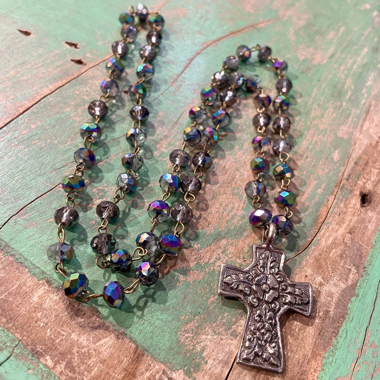 Iridescent Floral Cross Necklace