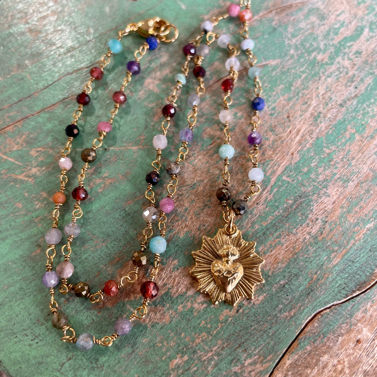 Flaming Sacred Heart Dainty Gemstone Necklace