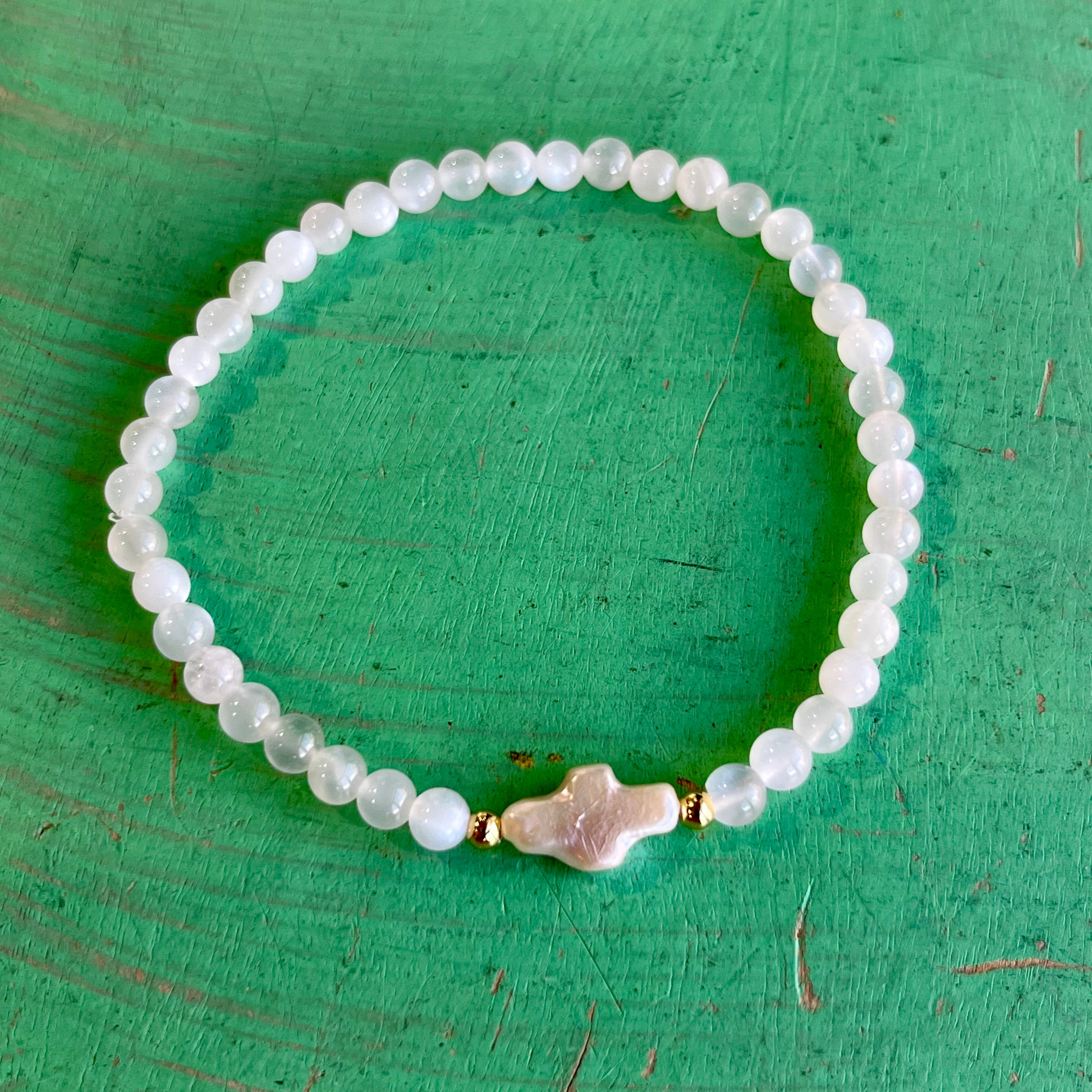 Natural Stone Freshwater Pearl Cross Bracelet