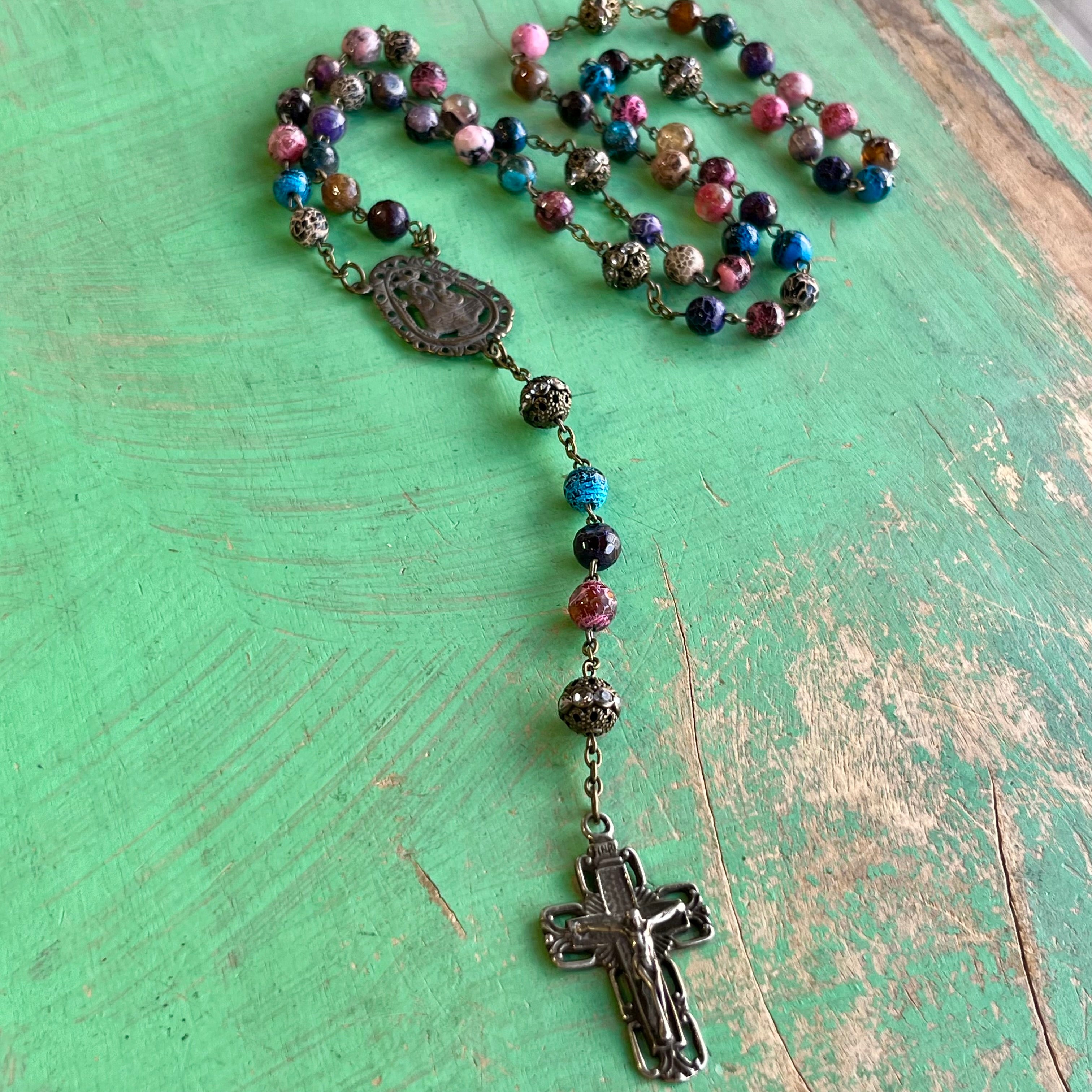 Agate Multicolor Bronze Madonna and Child Rosary