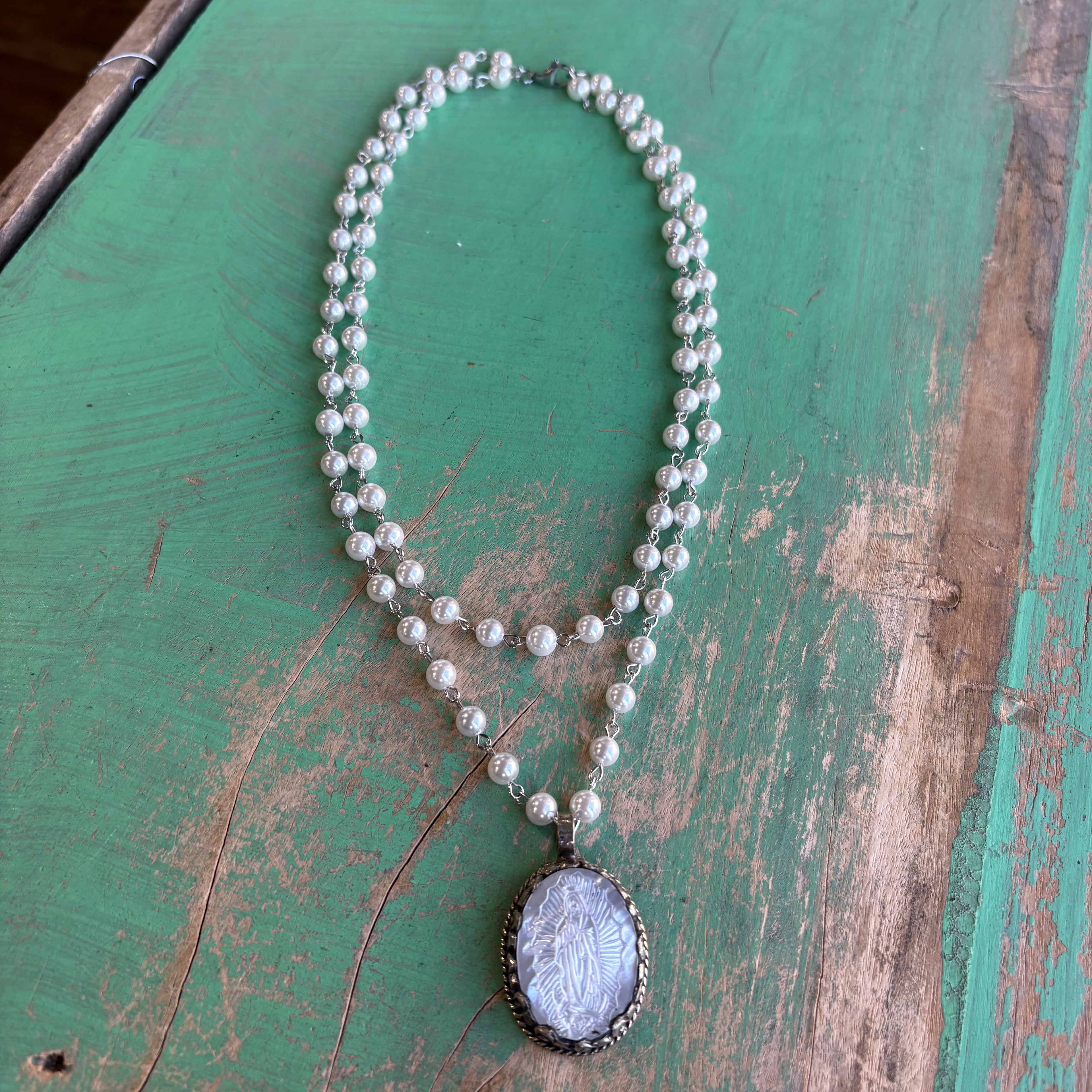 Mother of Pearl Our Lady of Guadalupe Double Strand Necklace