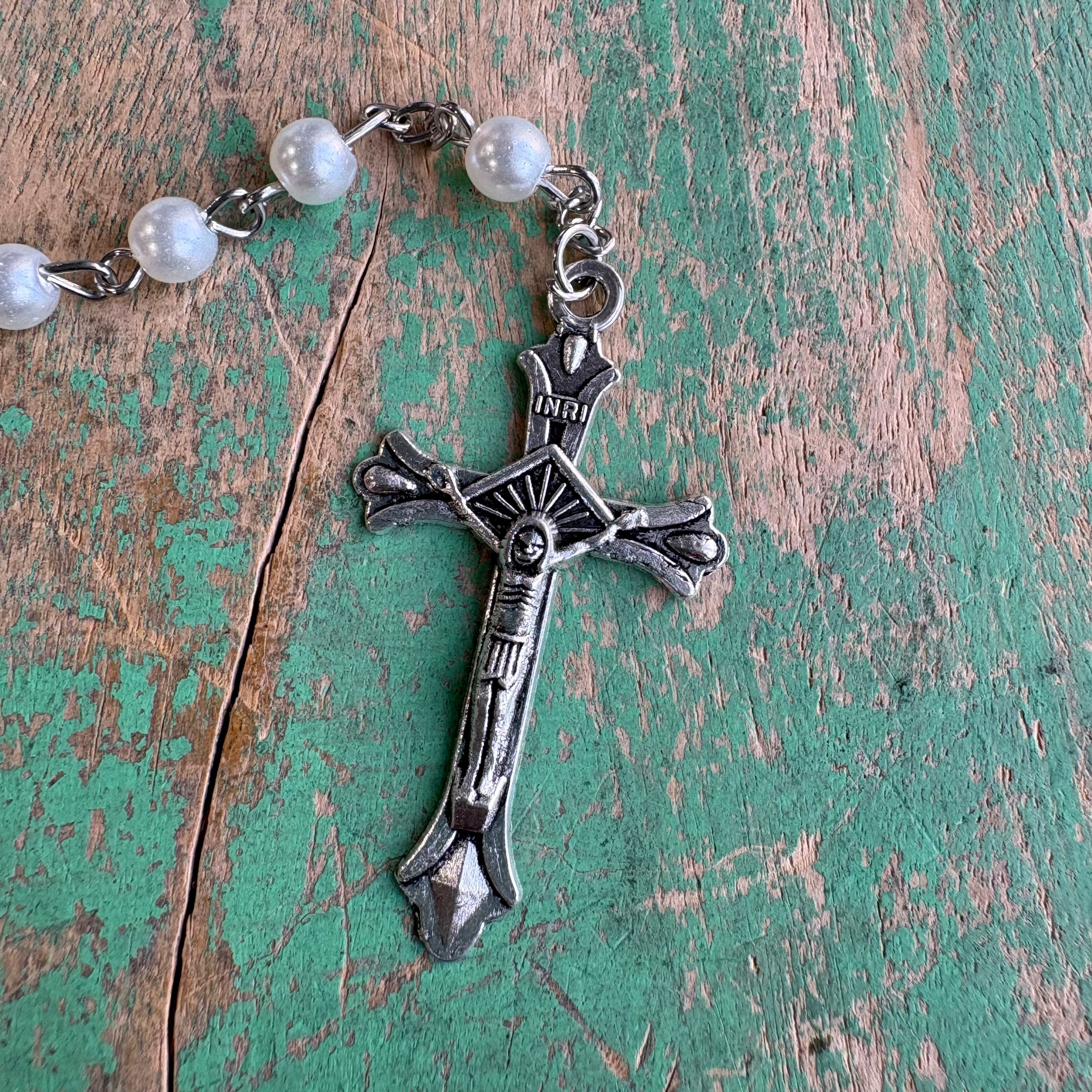 White First Communion Glass Rosary Kit