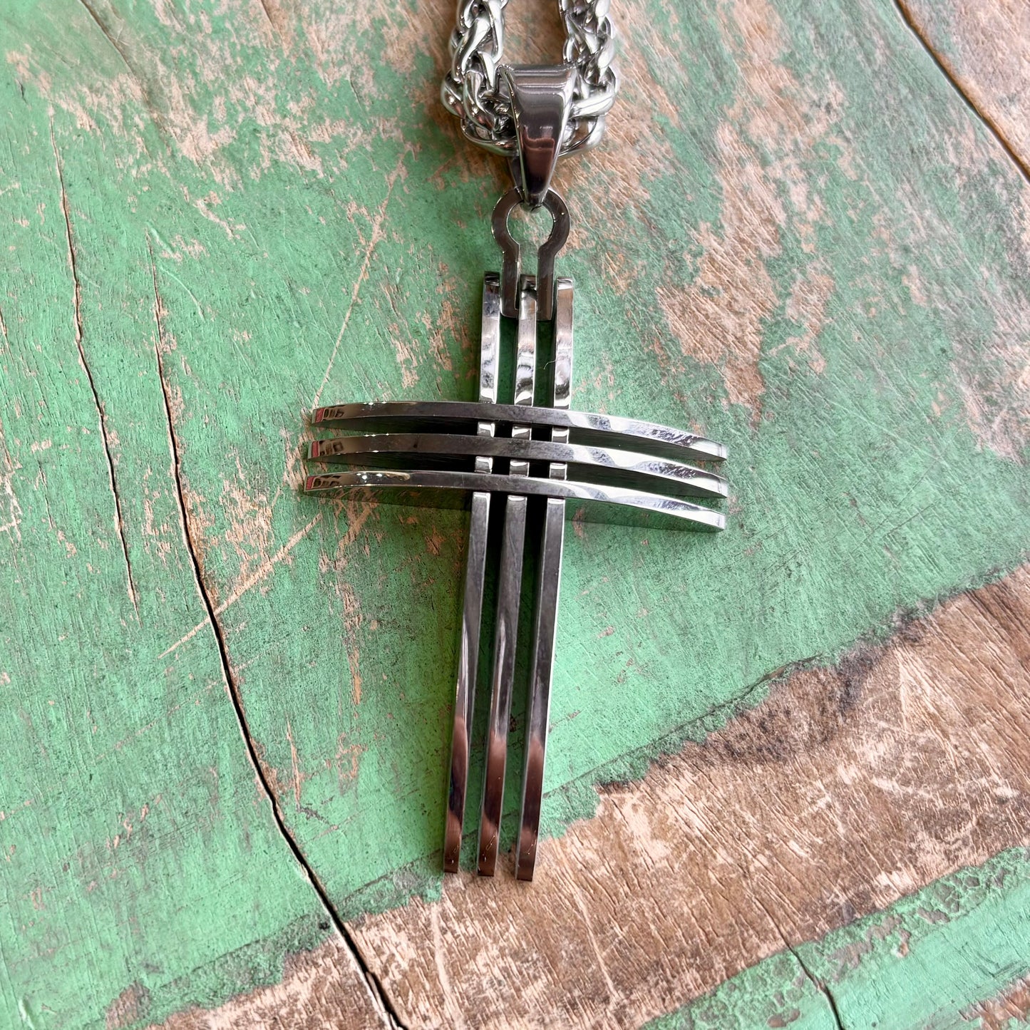 Stainless Steel Striped Cross Necklace