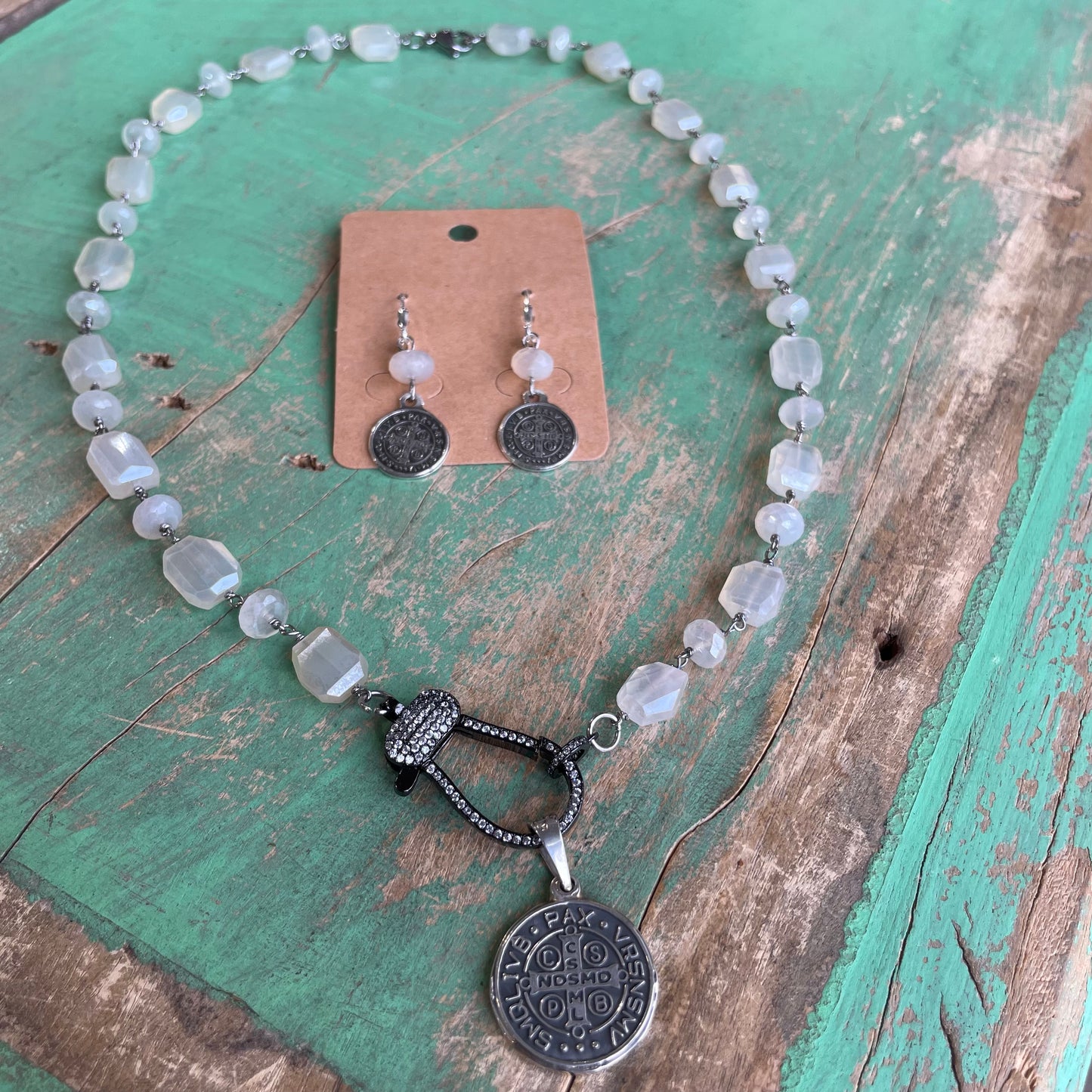 Sterling Silver St Benedict Chalcedony Necklace and Earrings