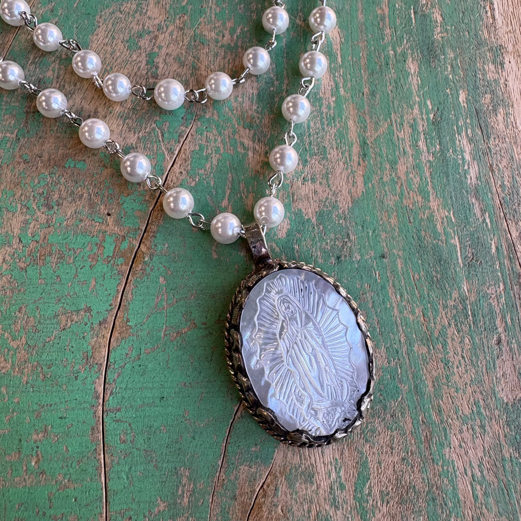 Mother of Pearl Our Lady of Guadalupe Double Strand Necklace