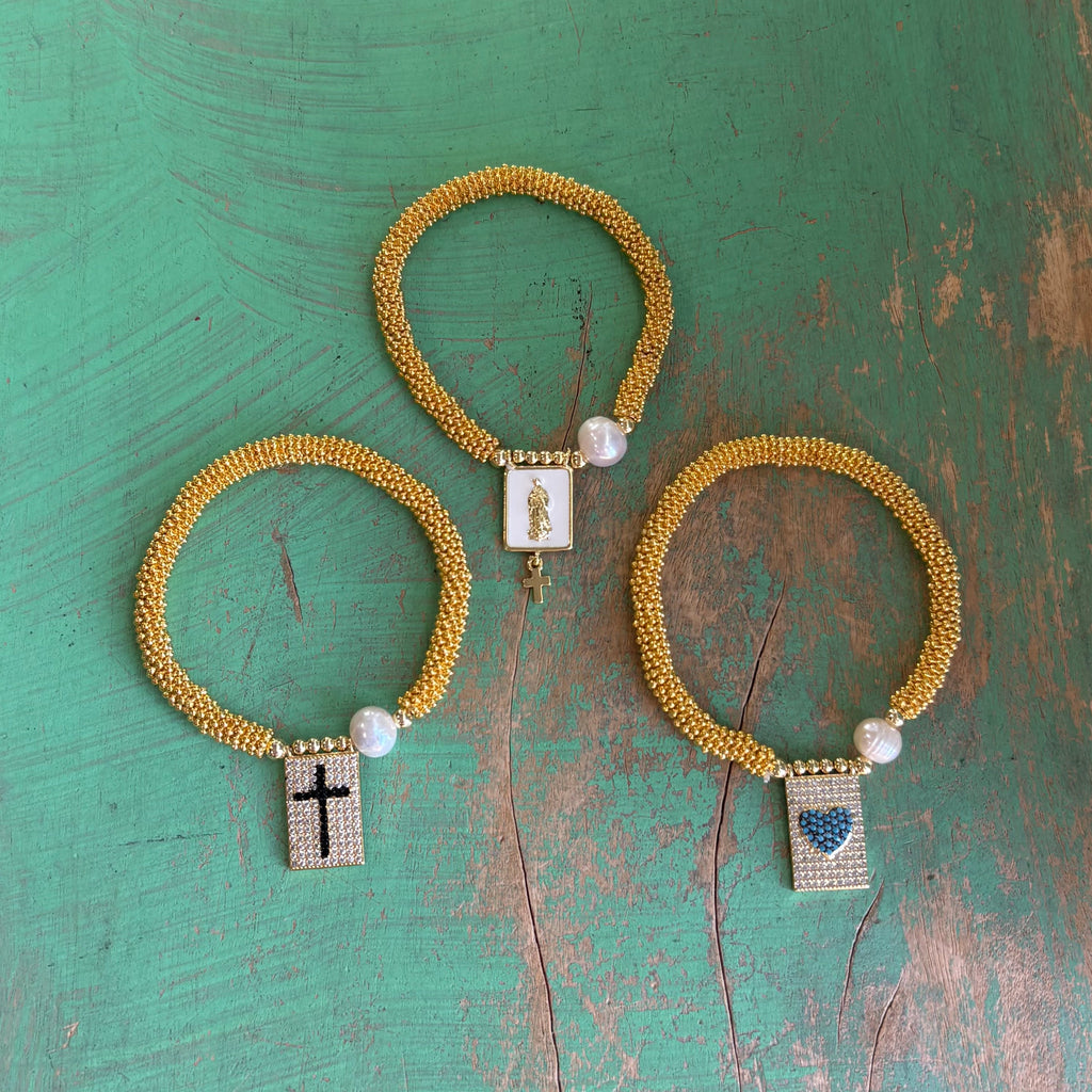 Gold Beaded Freshwater Pearl Faith Bracelets