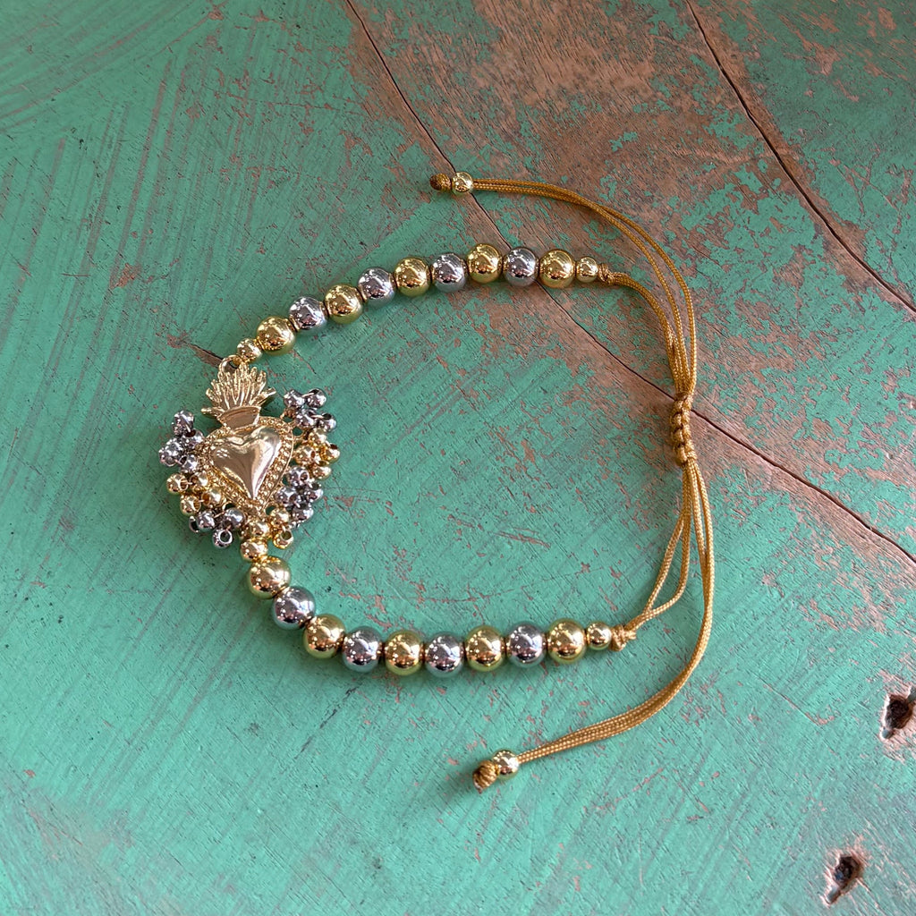 Sacred Heart Two-Tone Beaded Bracelet – 18K Gold & Silver Plated, Adjustable Cord