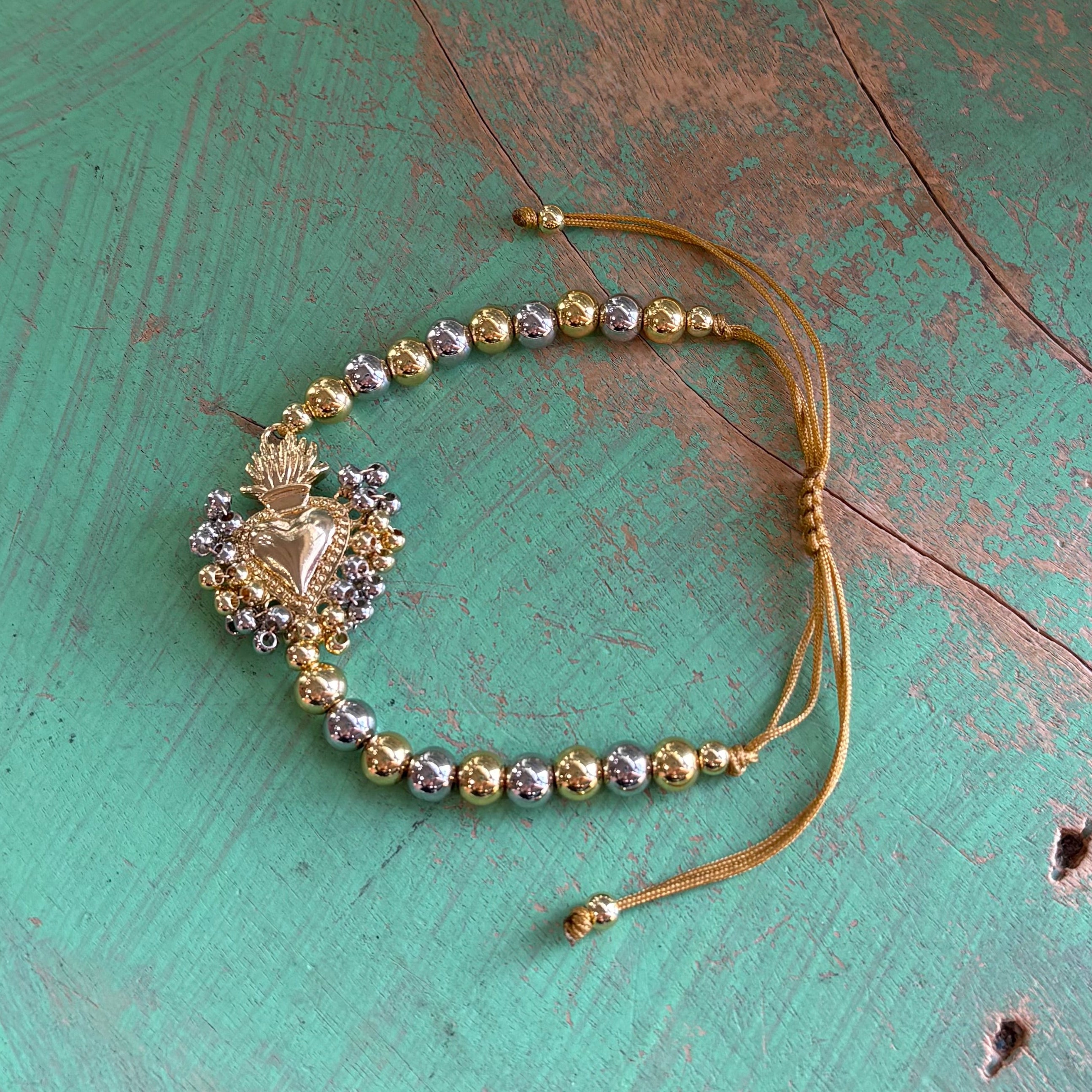 Sacred Heart Two-Tone Beaded Bracelet – 18K Gold & Silver Plated, Adjustable Cord