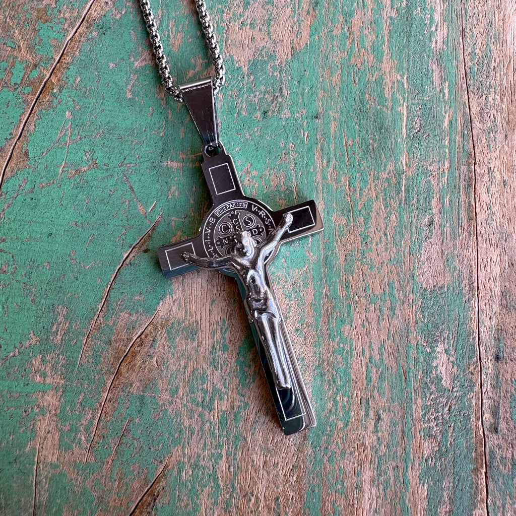 Stainless Steel Big St Benedict Crucifix Necklace