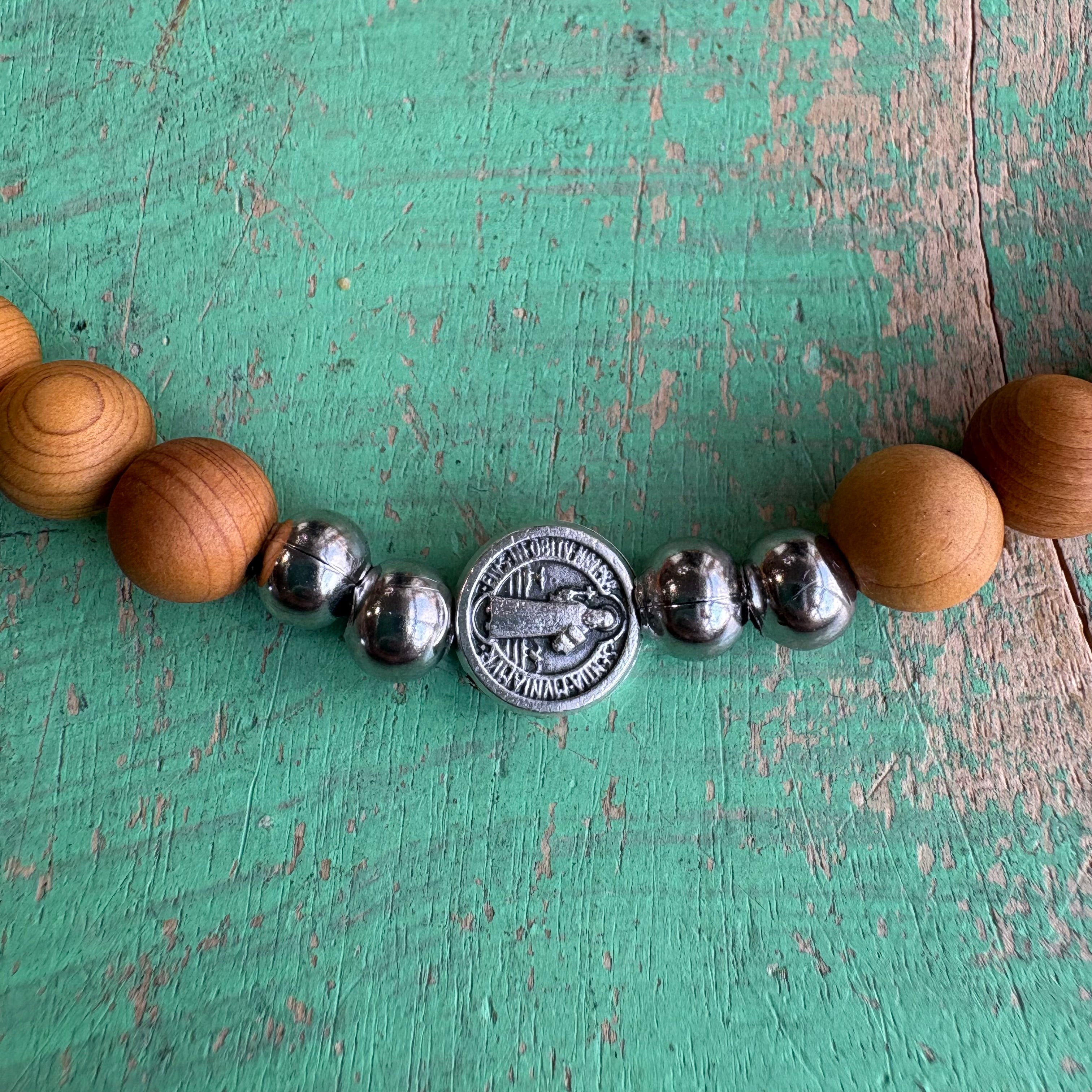 Wooden Rosary St Benedict Cord Wrap Bracelet