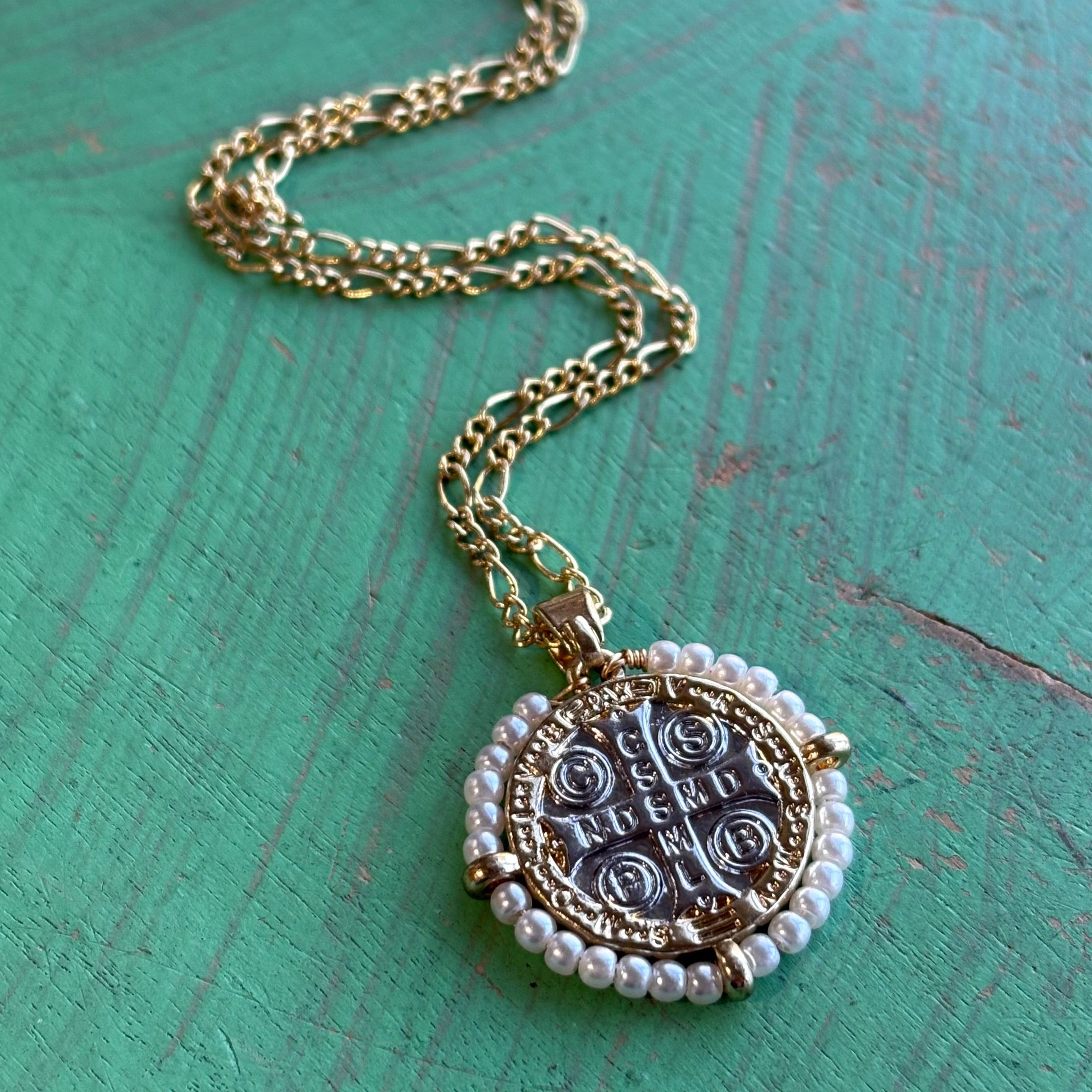 Two Tone Pearl St Benedict Necklace or Earrings