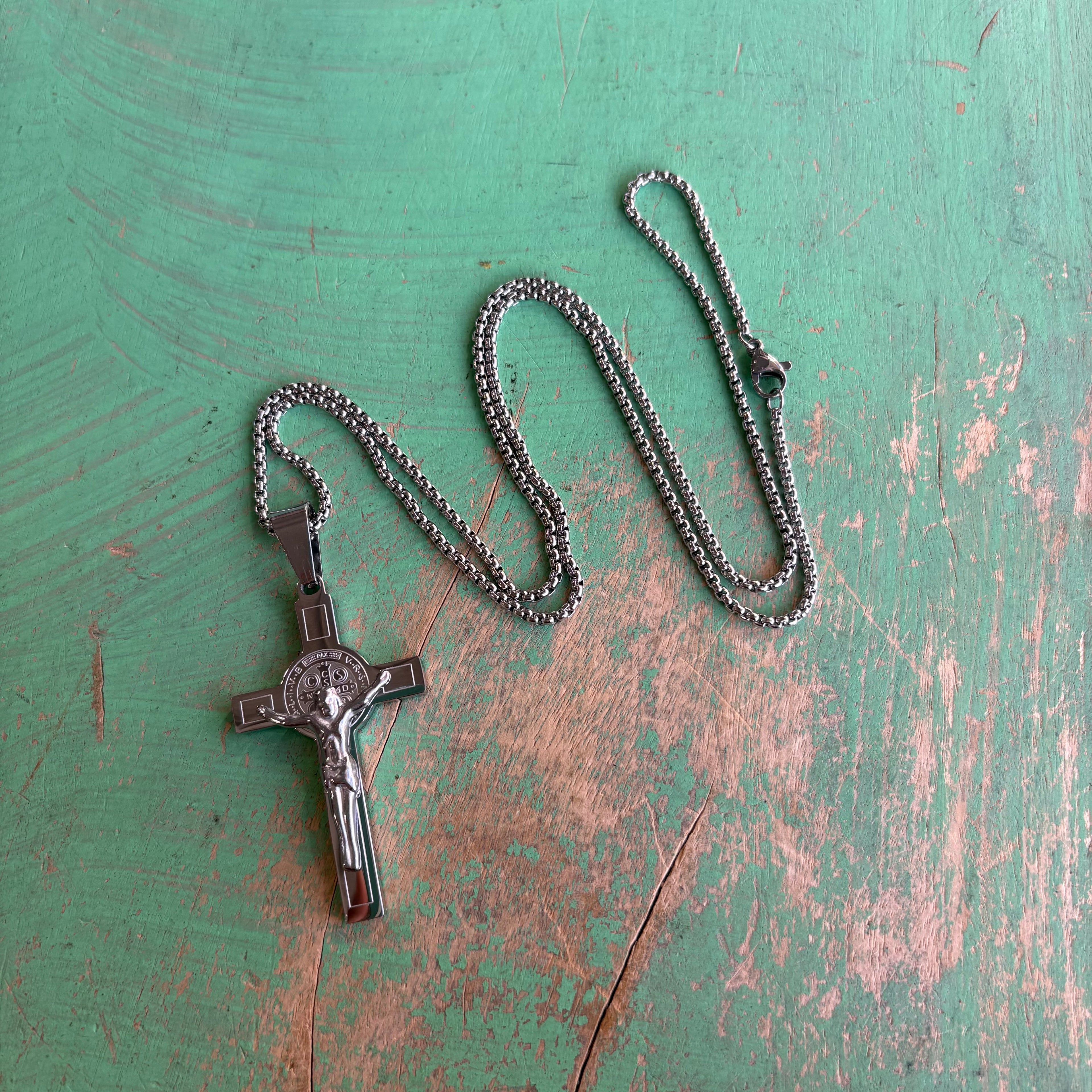 Stainless Steel Big St Benedict Crucifix Necklace