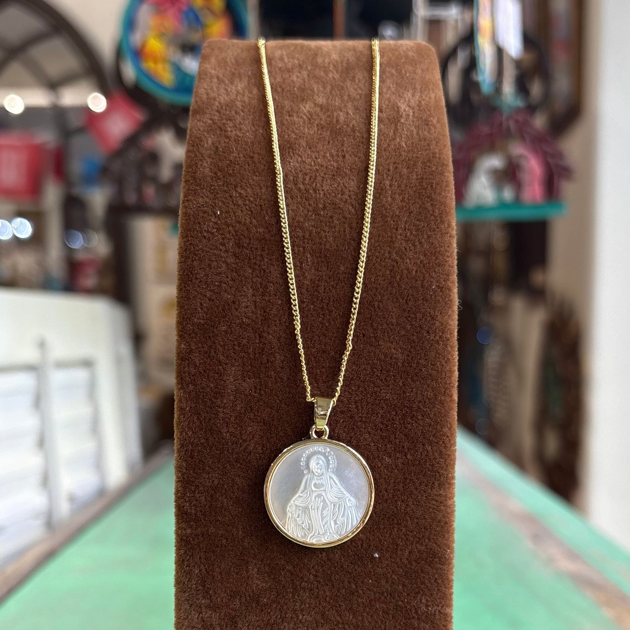 Gold Chain with Mother of Pearl Our Lady of Grace Pendant