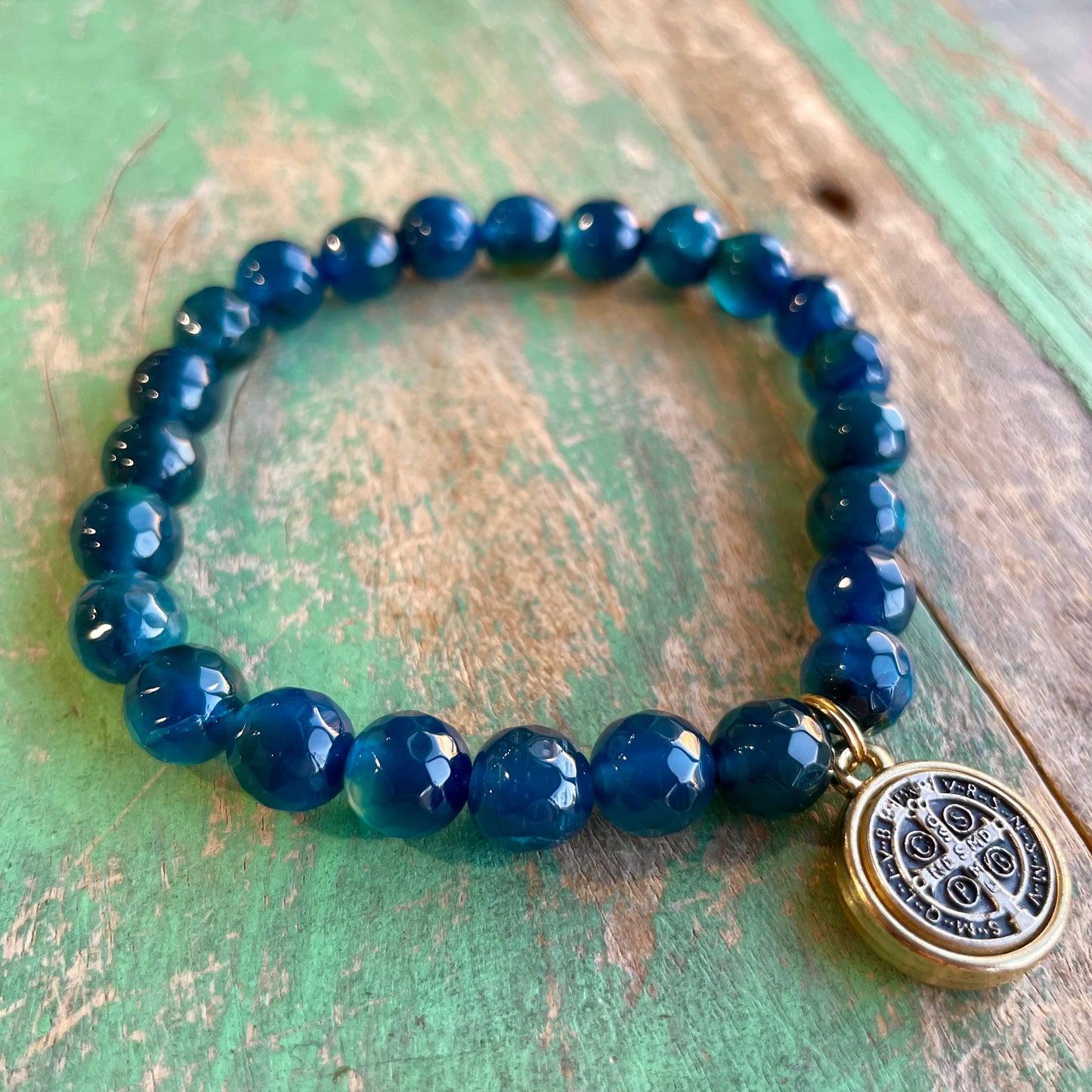 Blue Agate Two Tone St Benedict Bracelet