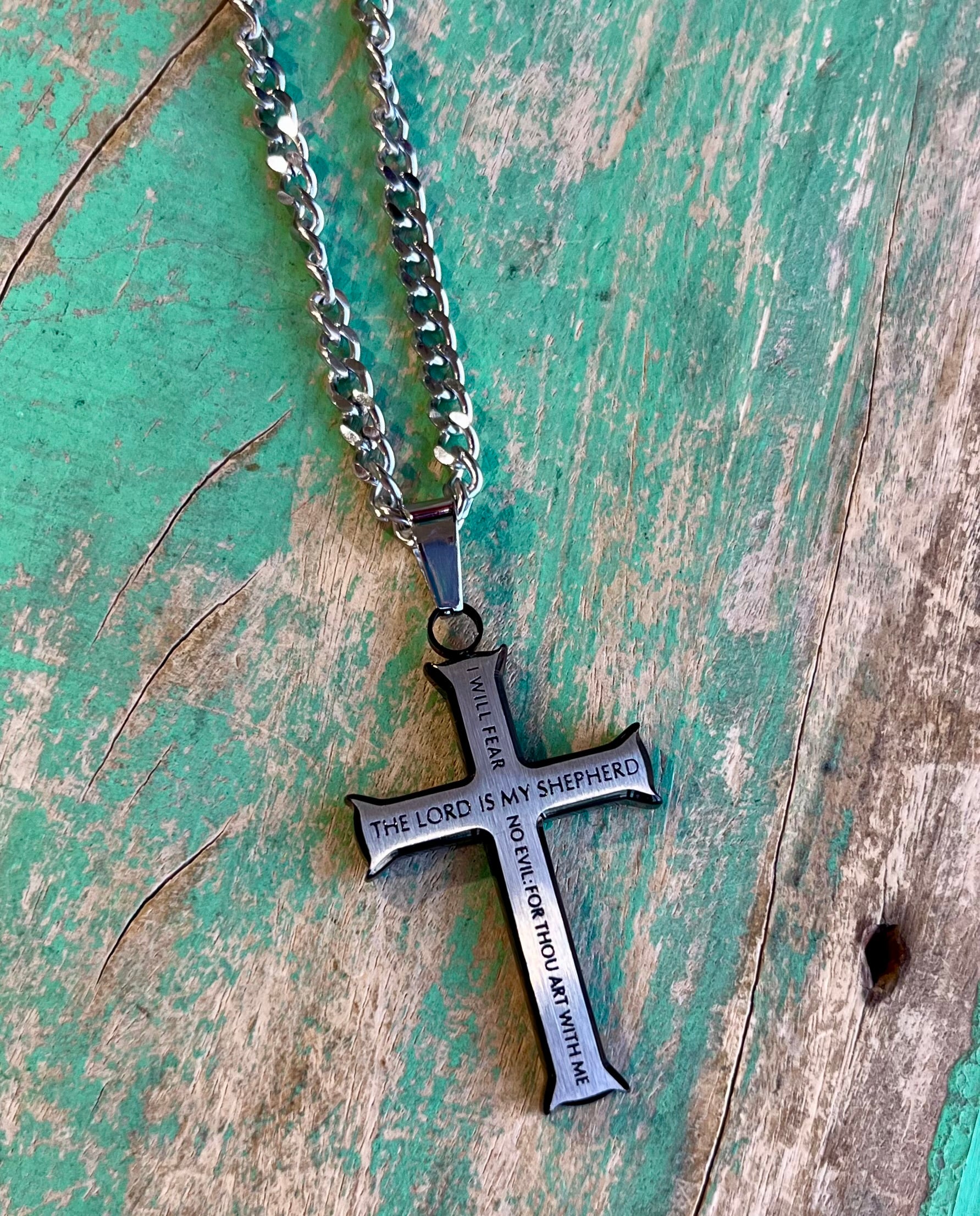 Black and Silver Iron Cross Philippians 2:10-11 Necklace