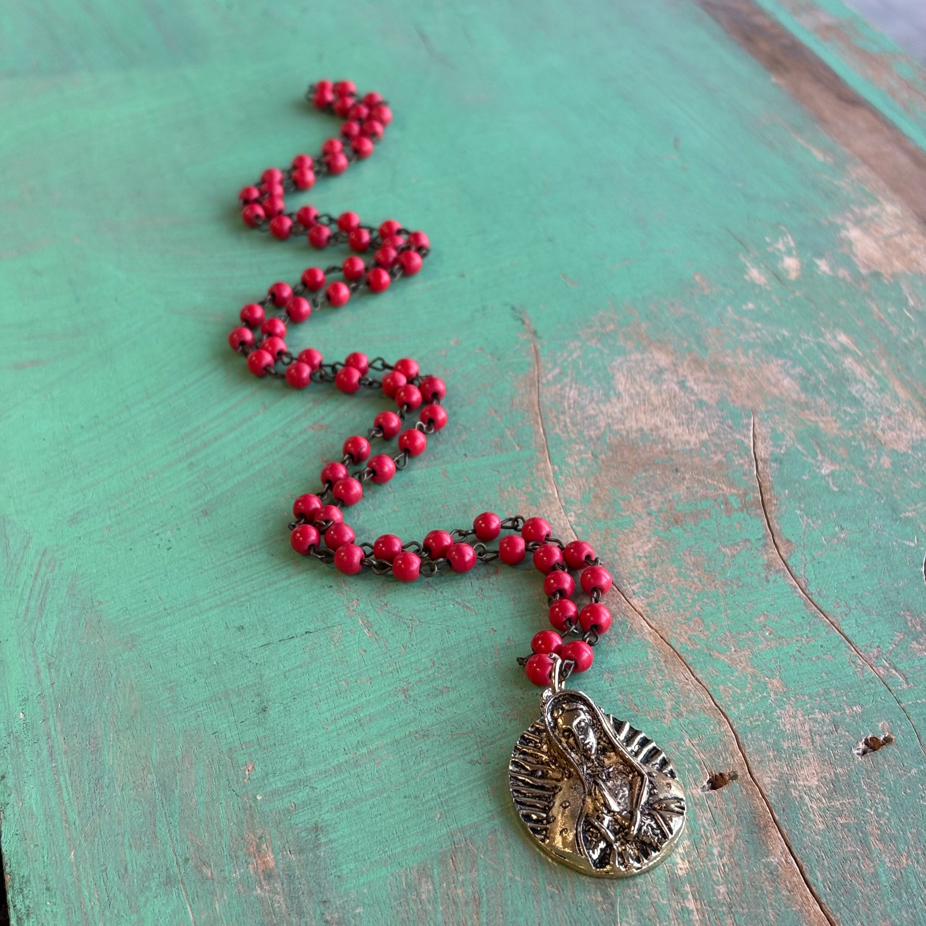 Red Howlite Our Lady of Guadalupe Necklace