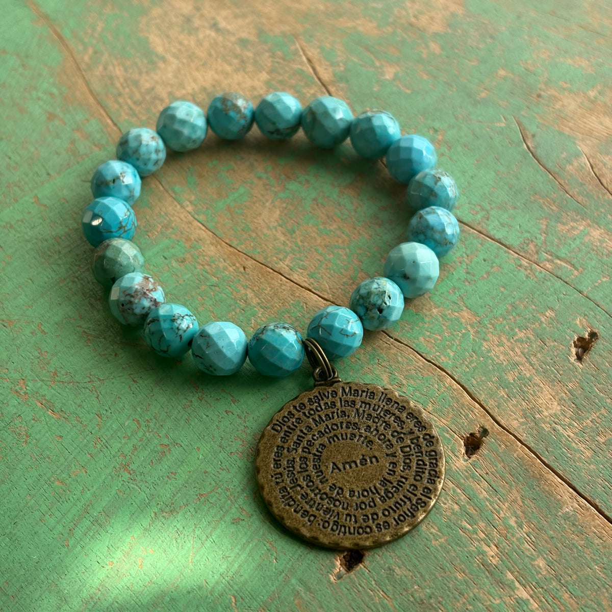 Turquoise Ave Maria Prayer Medal Bracelet