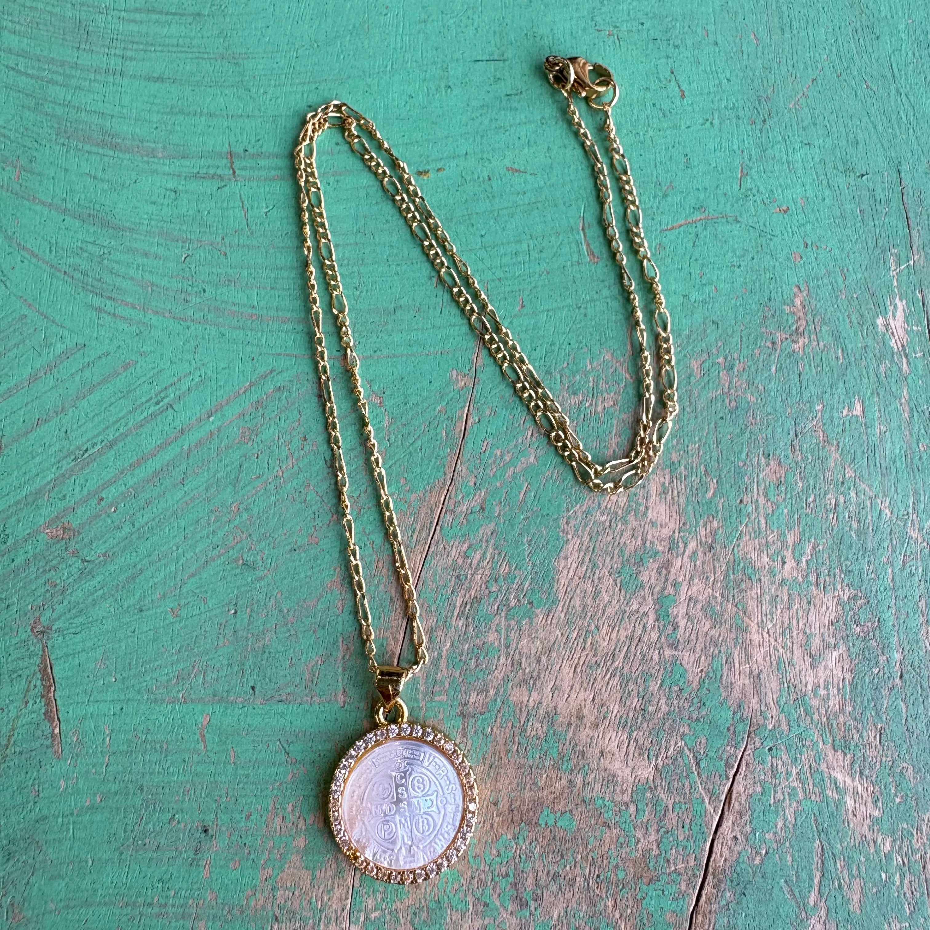 St Benedict Mother of Pearl Pendant Necklace