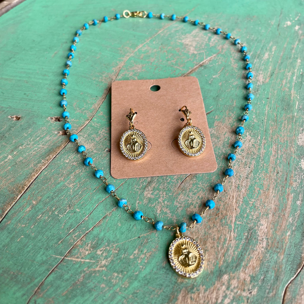 Turquoise Our Lady of Grace Necklace and Earrings