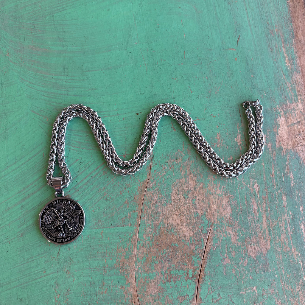 Stainless Steel Round St Michael Pendant Necklace
