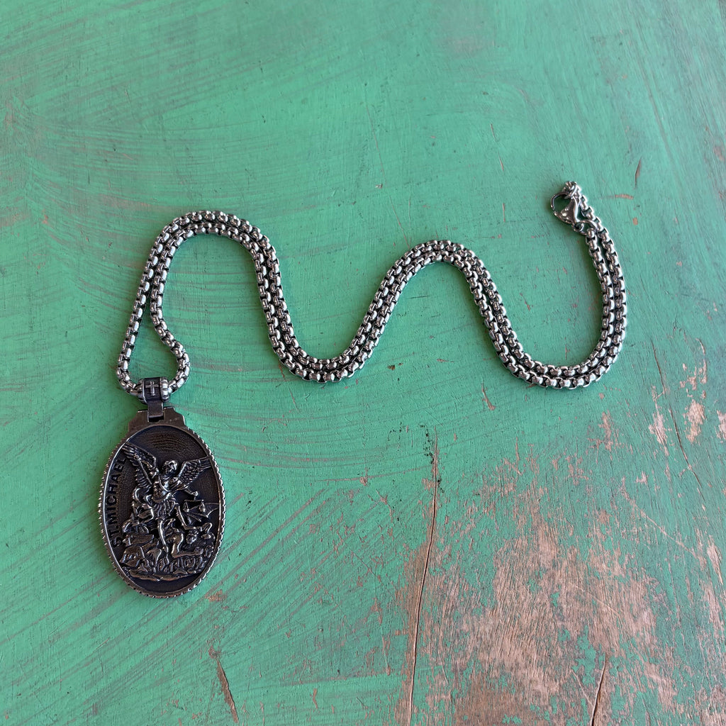 Stainless Steel Oval St Michael Pendant Necklace