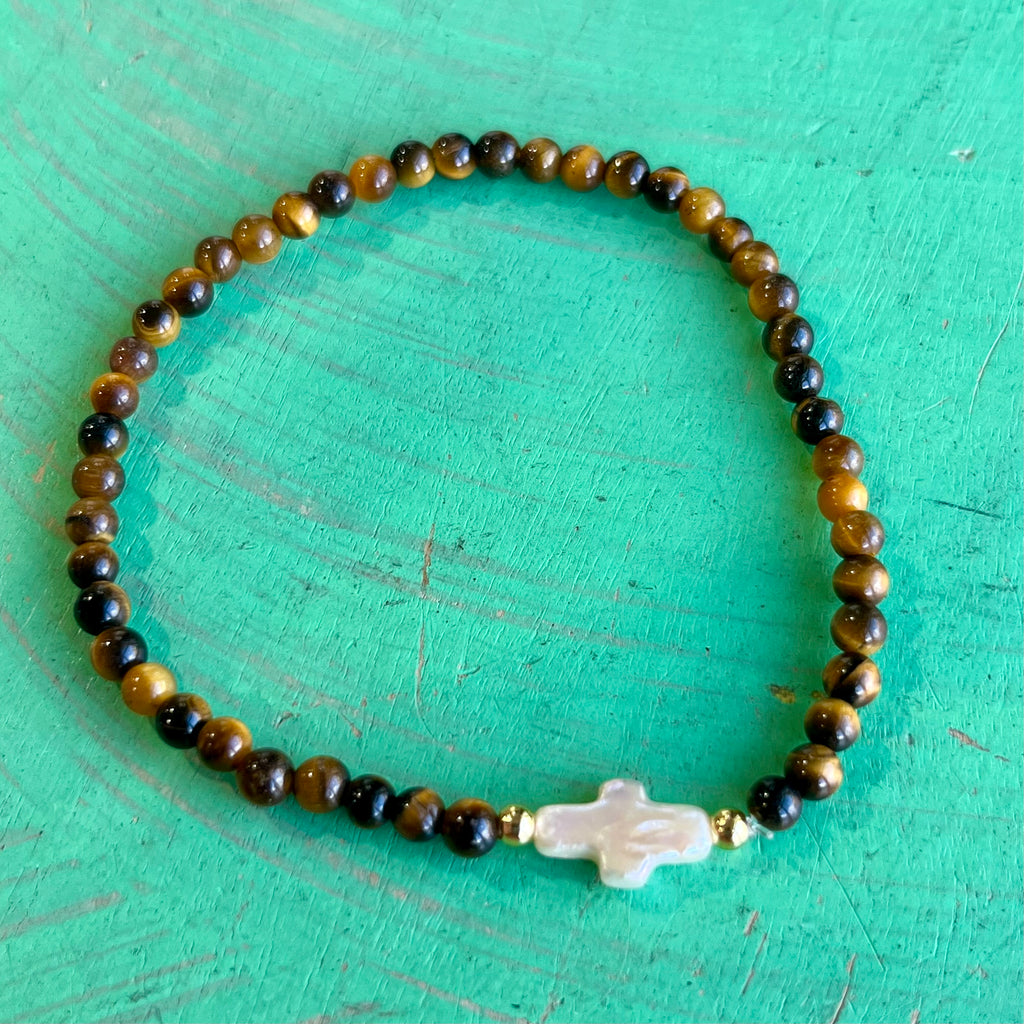Natural Stone Freshwater Pearl Cross Bracelet
